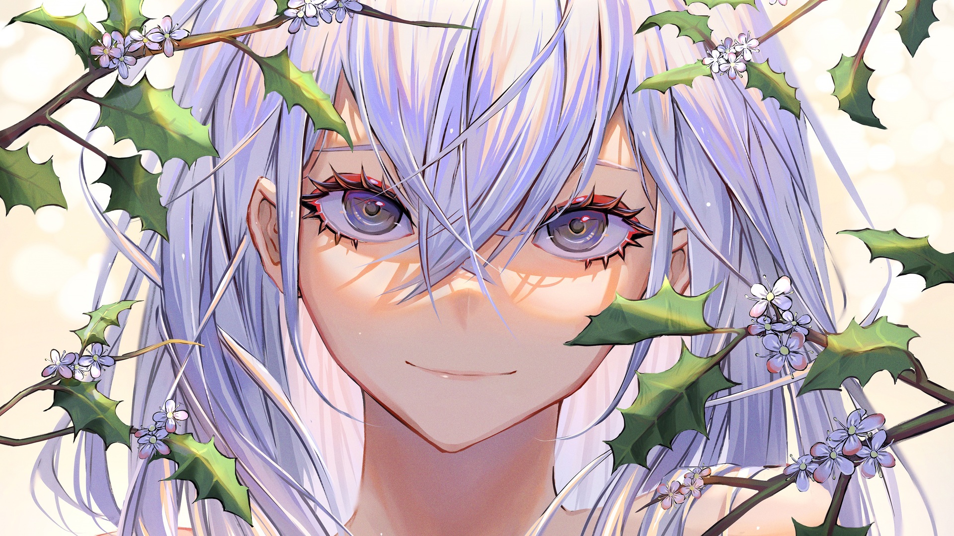原创人物 微笑 白发 动漫女孩 树叶 树枝 花 4K壁纸 4210×2728