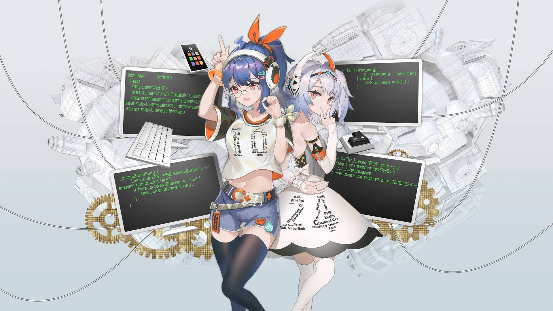 超清程序员 动漫女孩 动漫 耳机 眼镜 长袜 高清壁纸 3840×2160
