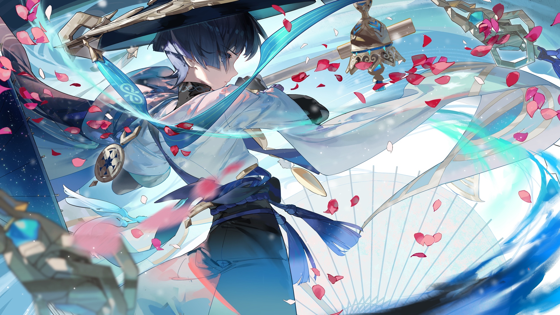短发 AI艺术 电子游戏艺术 原神 漫游者 花瓣 壁纸 4800×2700