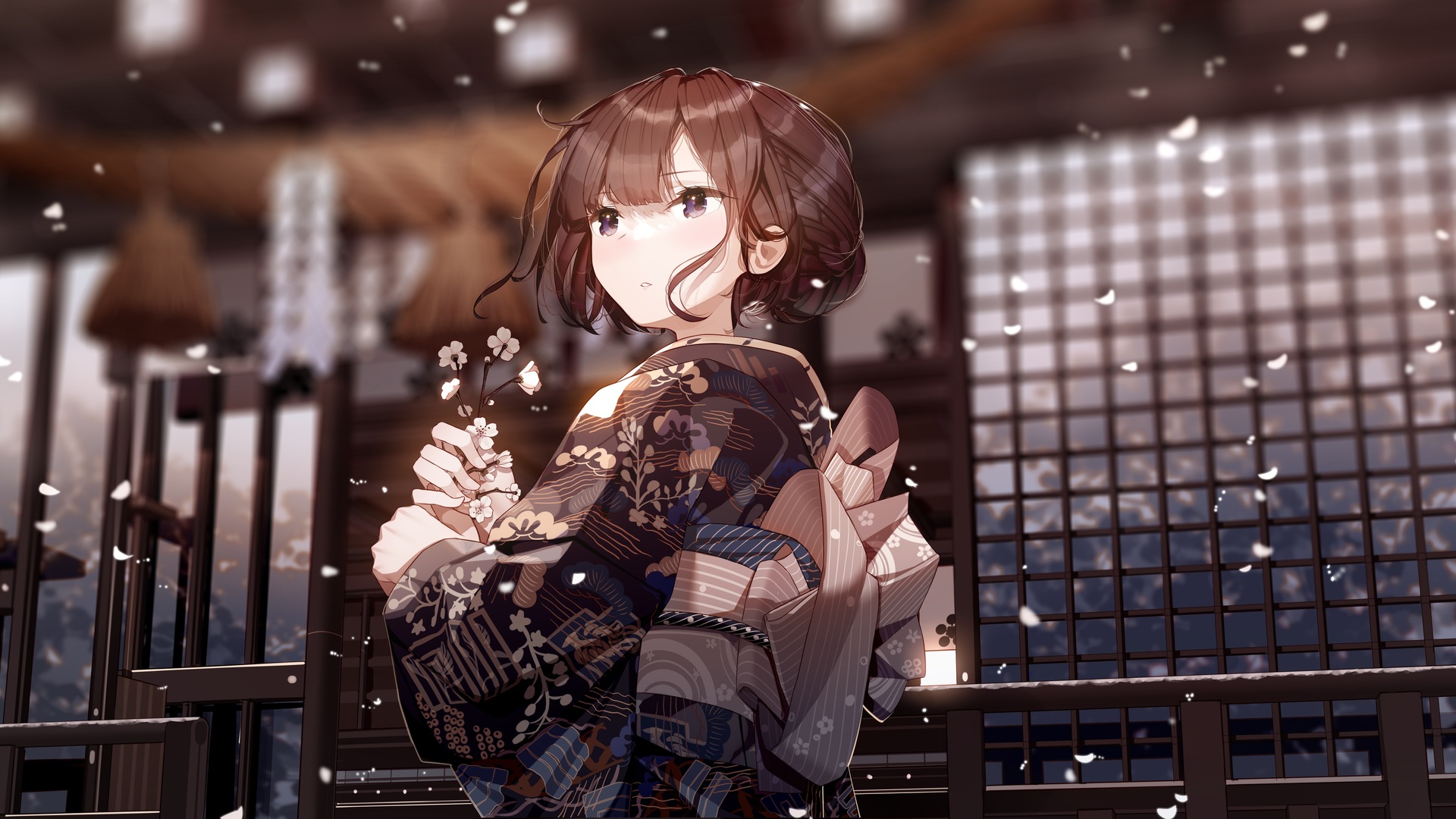 热门黑发 深色 动漫 动漫女孩 和服 服装 插图 高清壁纸 4320×2160