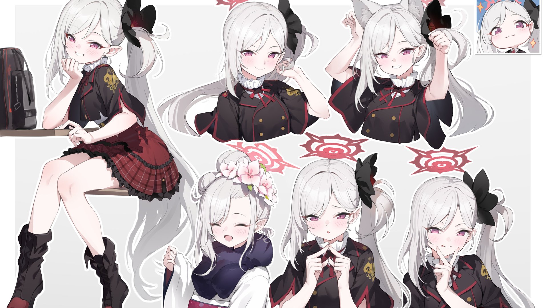白发 长发 马尾辫 侧马尾 蔚蓝档案 白色背景 动漫女孩 兽耳 制服 4K高清壁纸 4096×2662
