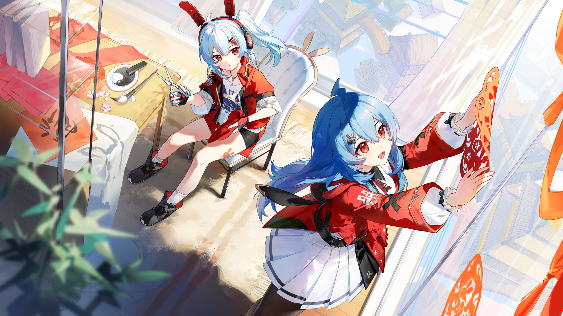 热门女孩 兔耳朵 新年 中国新年 动漫女孩 剪刀 耳机 剪纸 手机壁纸 4551×2560