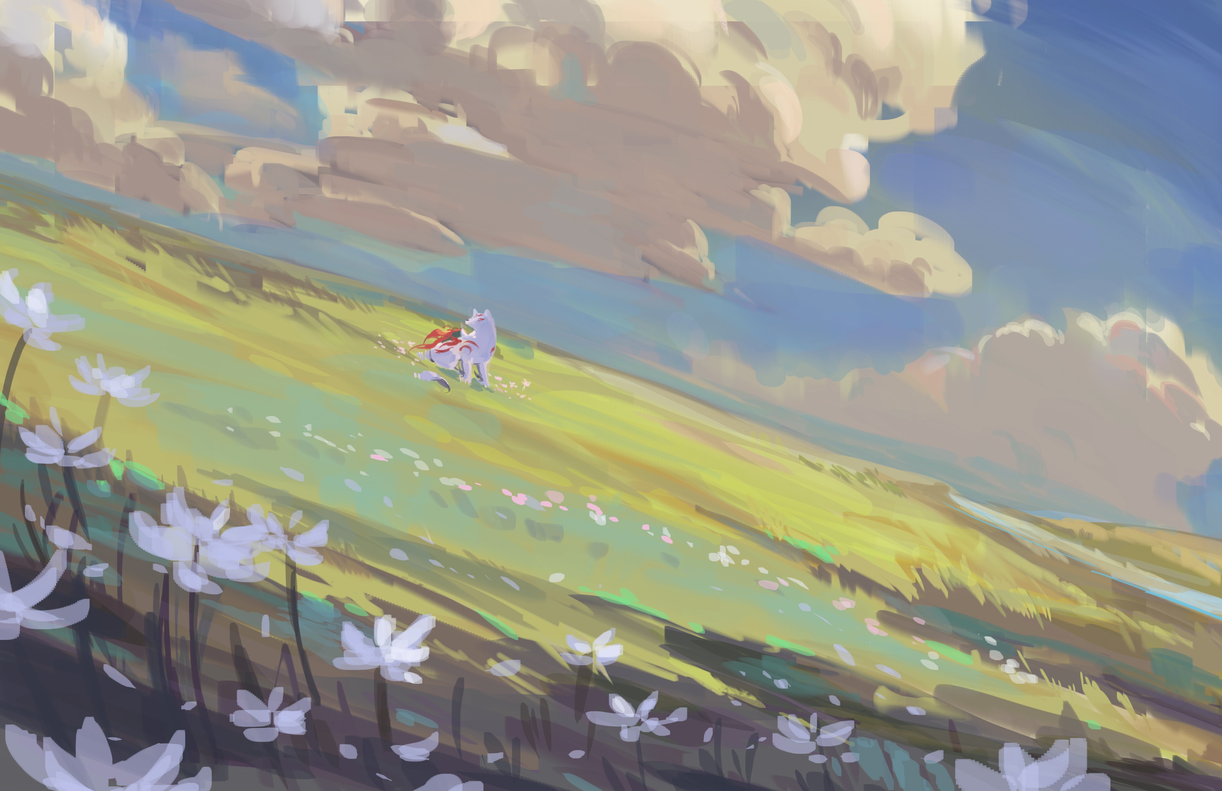热门电子游戏 天马 狼 草 花 云 田野 动物 AI艺术 壁纸 4096×2650