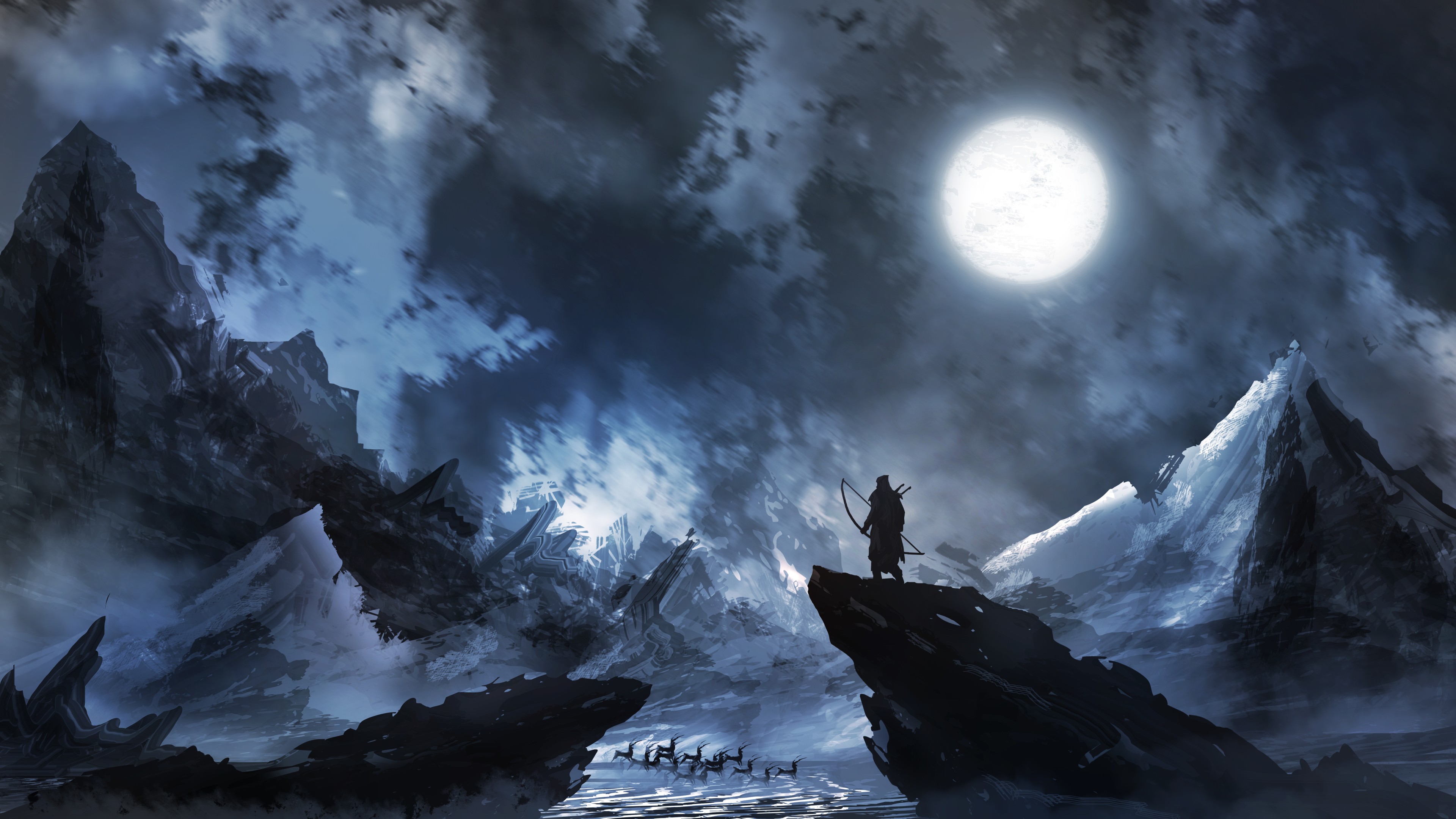 英雄 孤独 幻想艺术 月亮 云 夜 AI艺术 魔鬼 遥望 壁纸 3840×2160