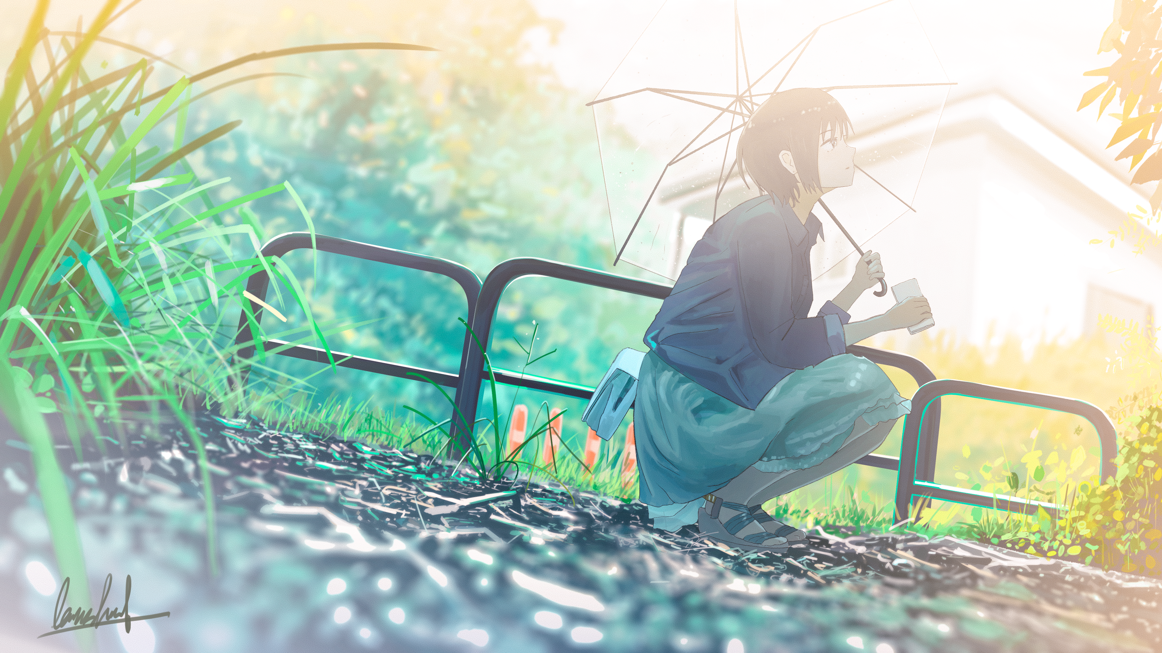 经典短发 蹲下 动漫 动漫女孩 AI艺术 伞 高清壁纸 3840×2160