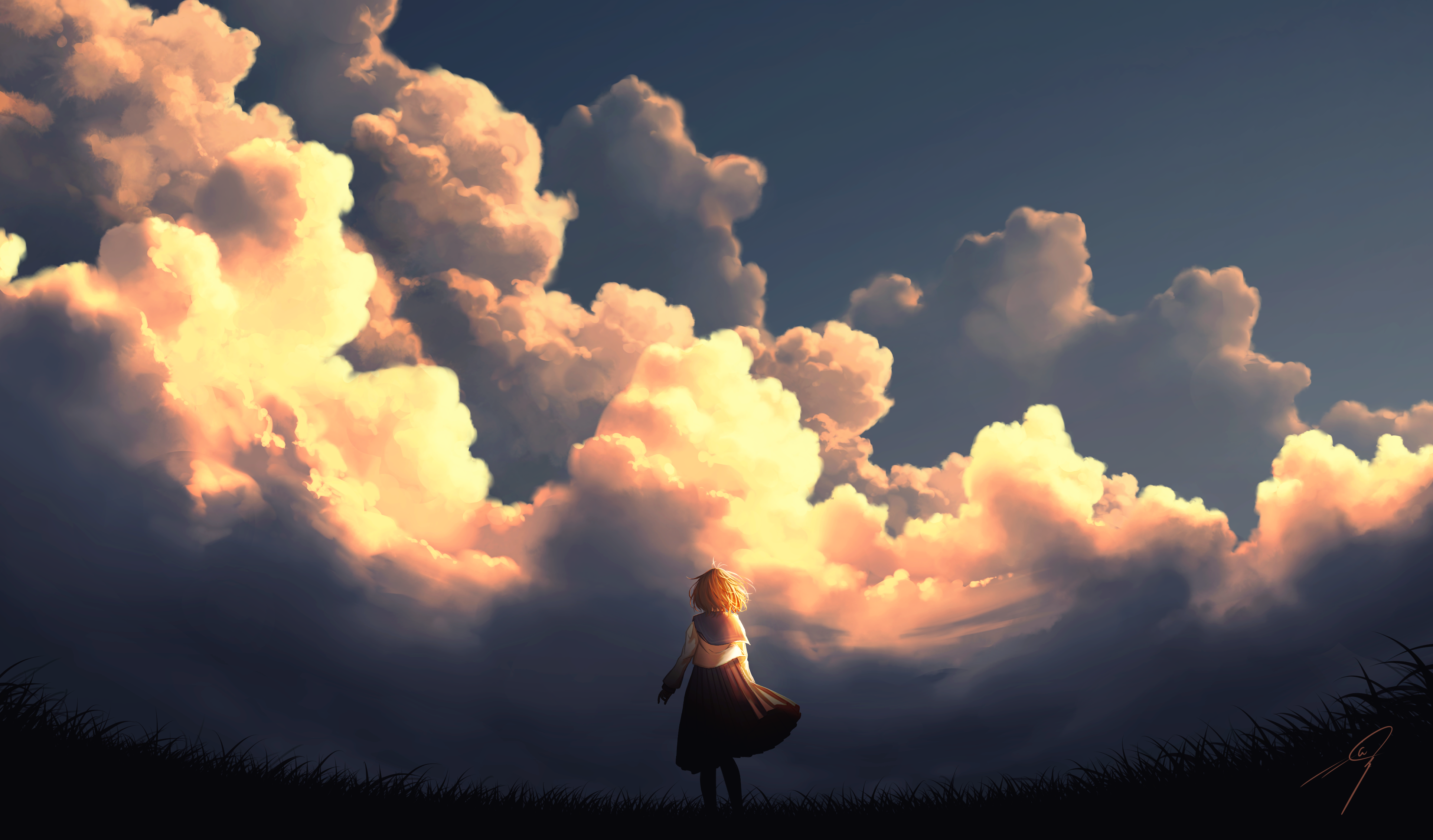 绚丽女性 AI艺术 插图 云 风景 校服 天空 日落 夕阳辉光 壁纸 3860×2263