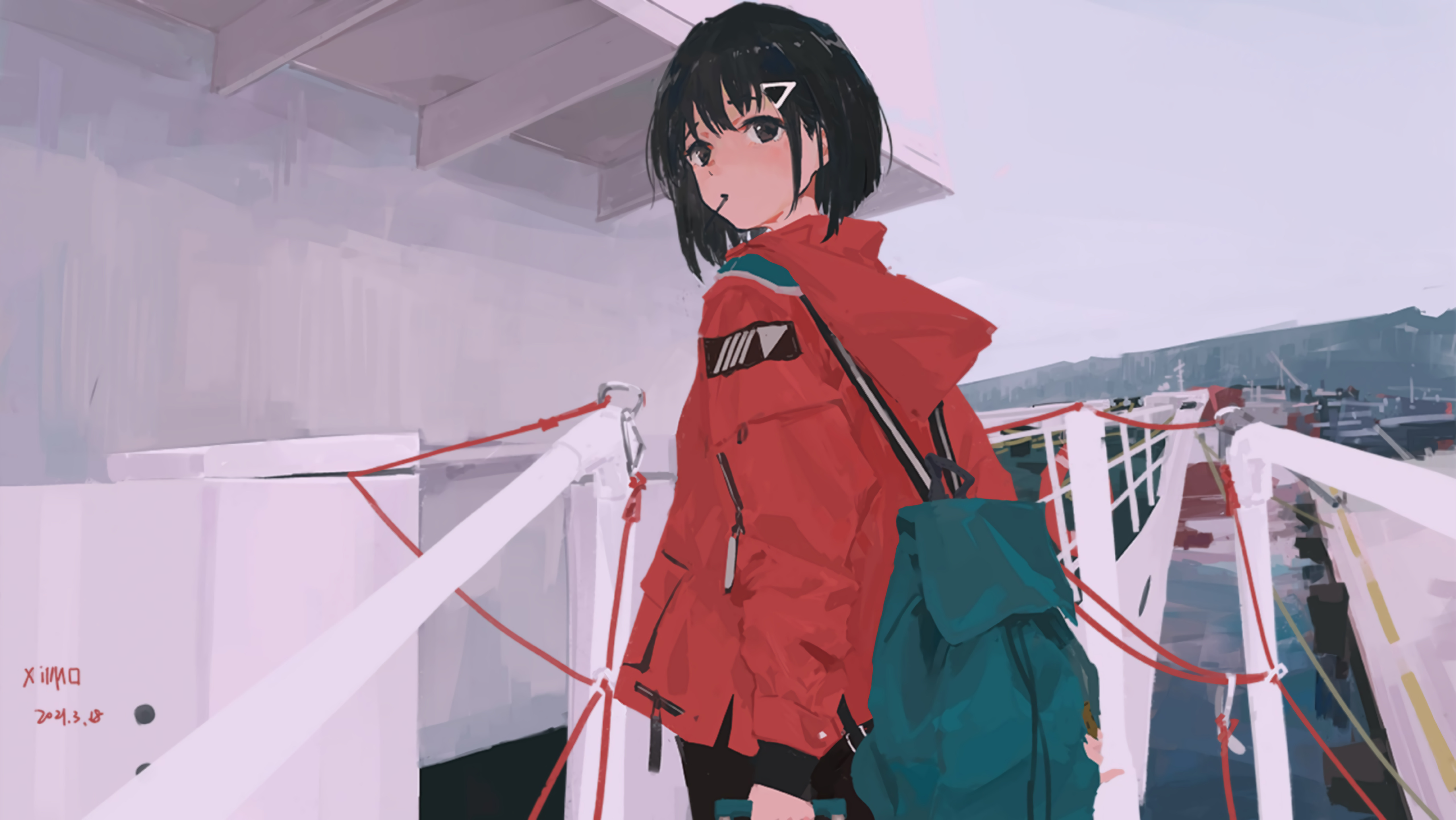 绚丽动漫女孩 动漫 夹克 背包 壁纸 5120×2882