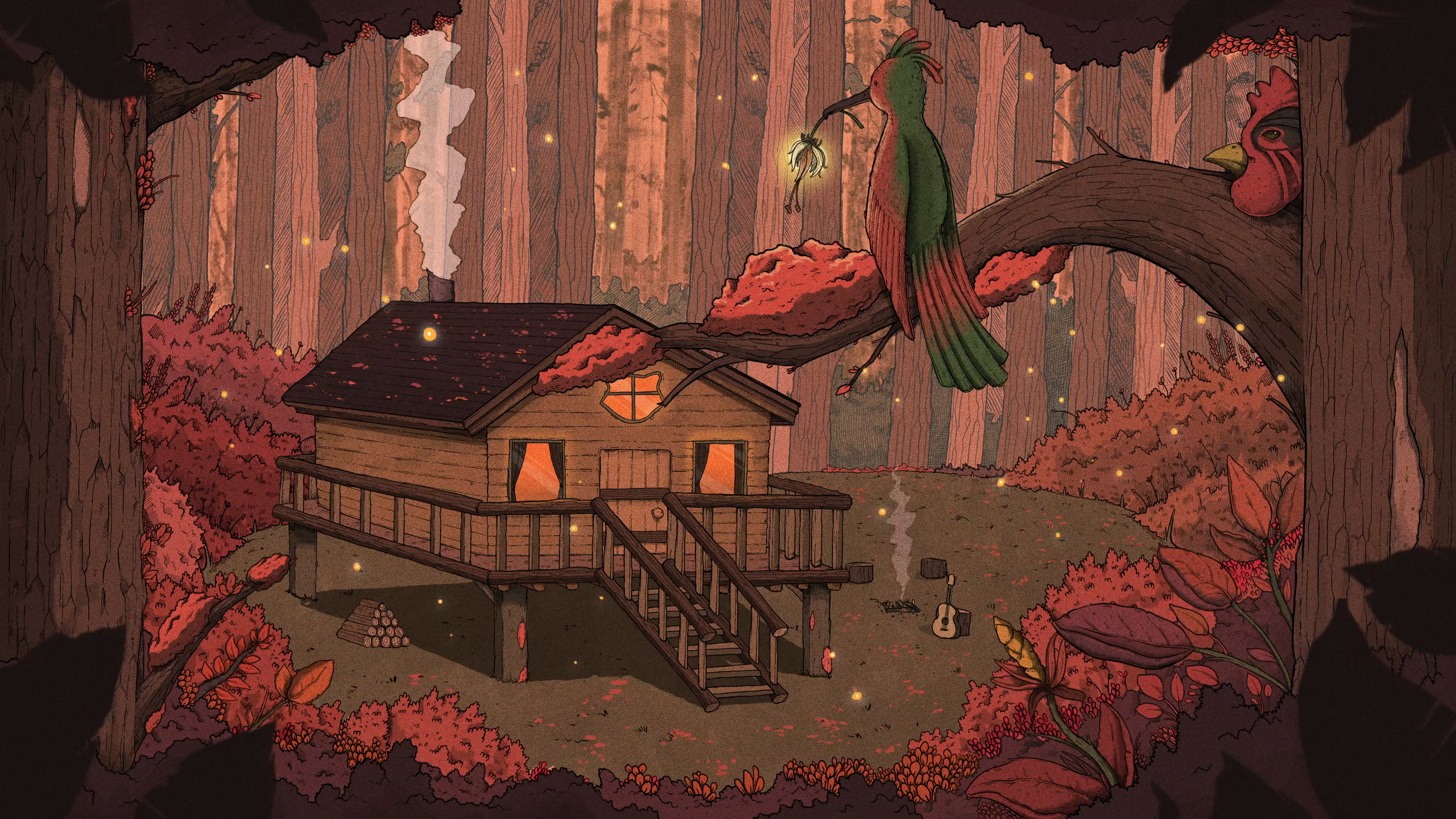 唯美小屋 吉他 森林 鸟 烟囱 原木 桌面壁纸 3840×2160