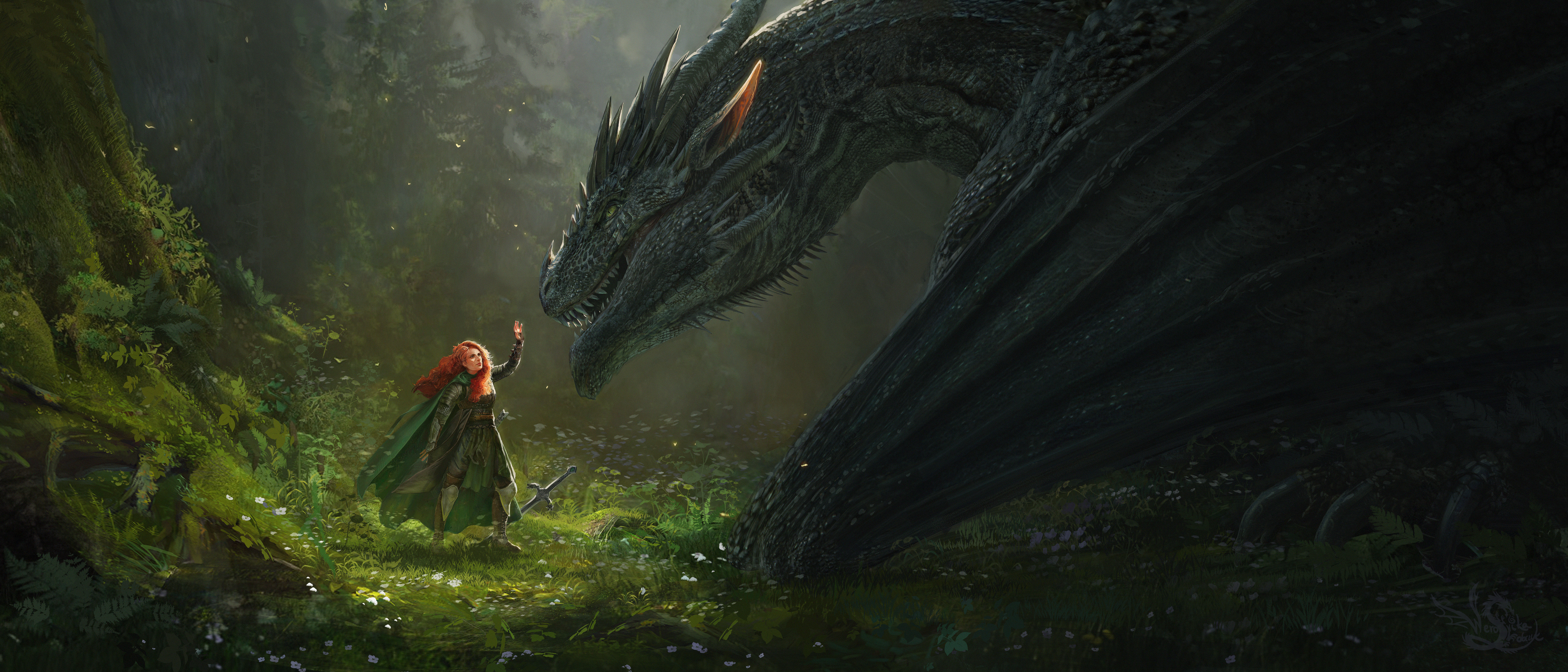 女人 红发 奇幻女孩 奇幻艺术 龙 壁纸 7000×3000