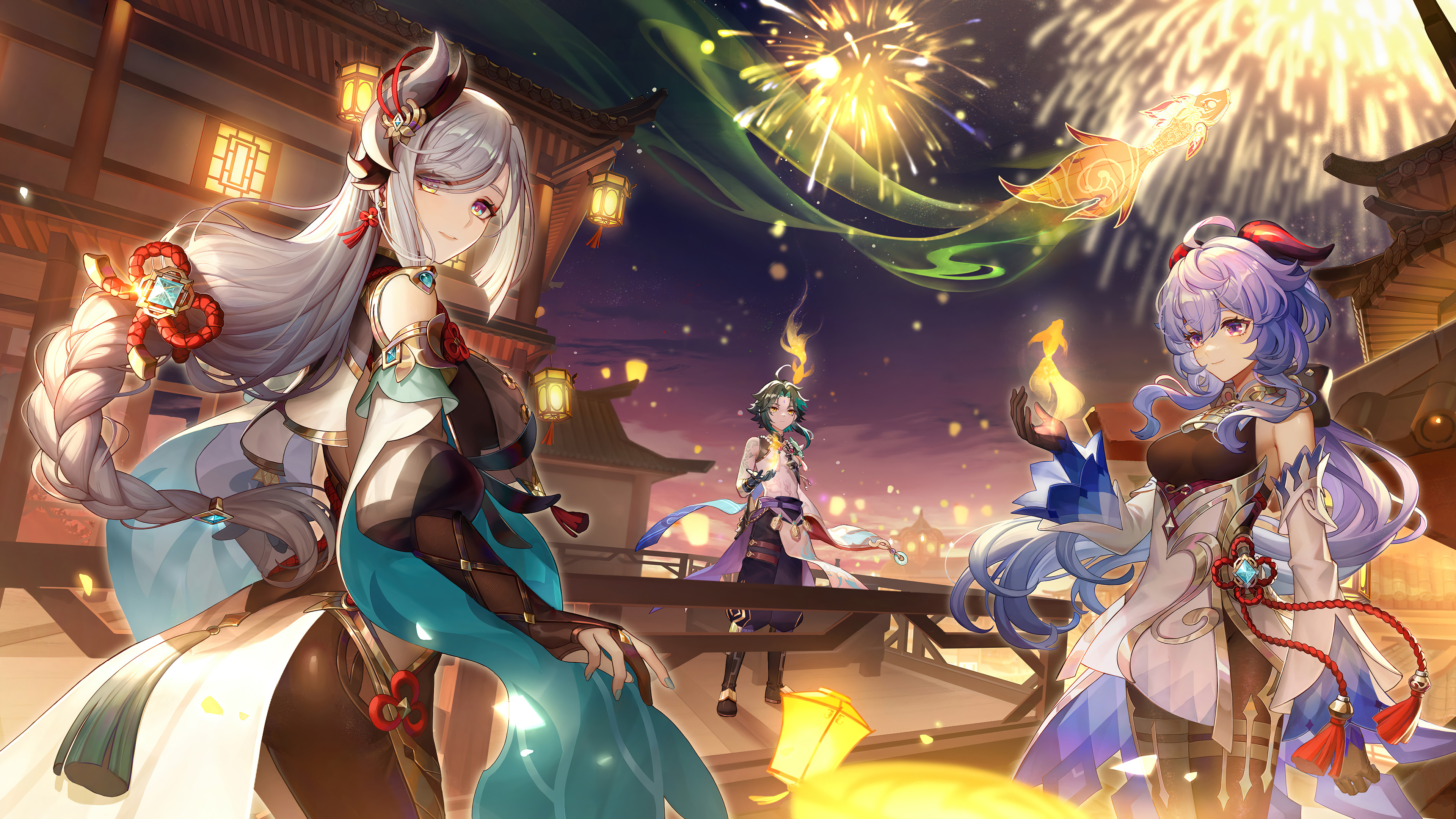动漫女孩 原神 烟花 灯笼 4K高清壁纸 3840×2160