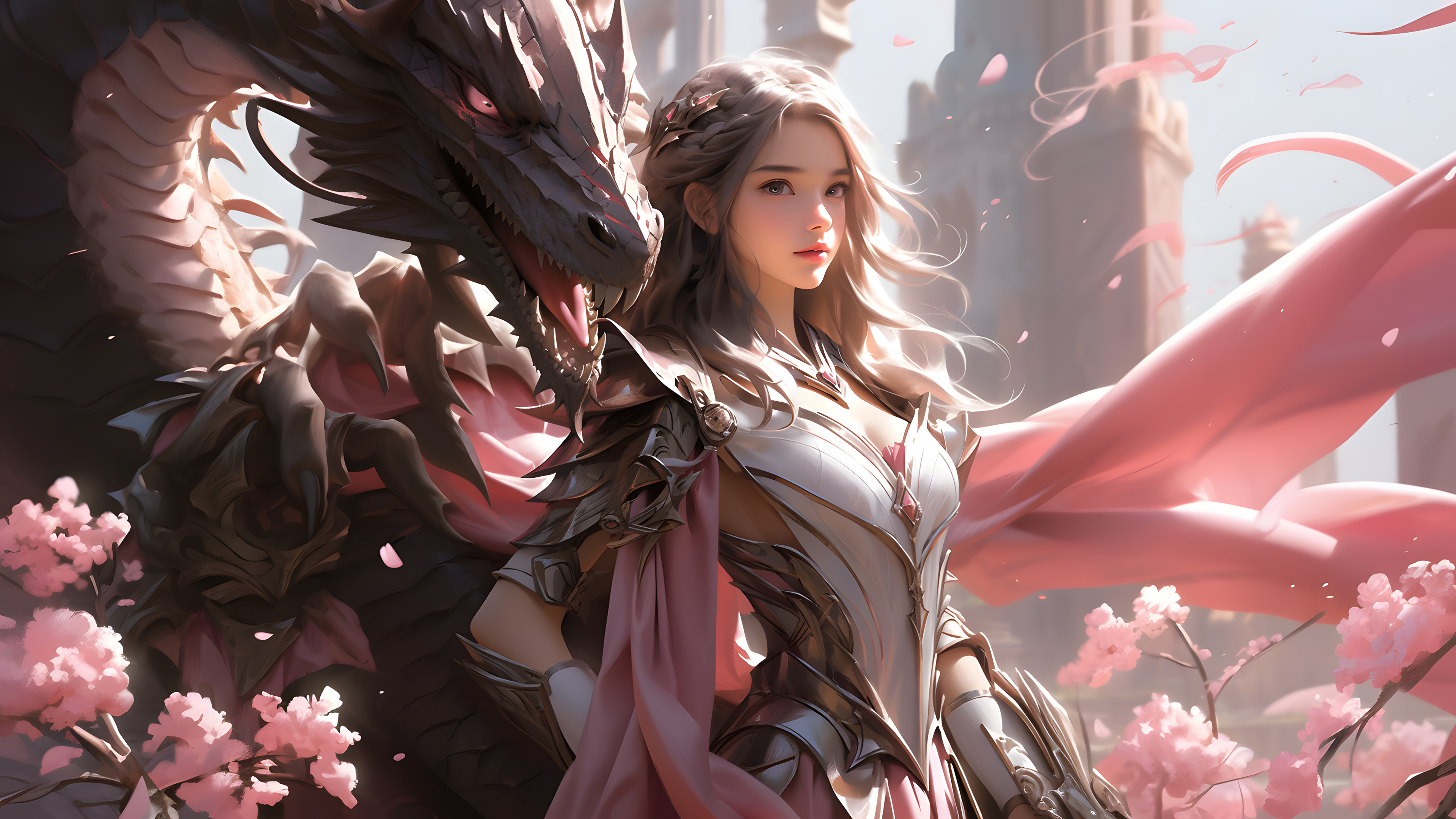 女人 长发 人工智能艺术 AI艺术 生物 鲜花 花瓣 龙 盔甲 阳光 壁纸 3840×2160