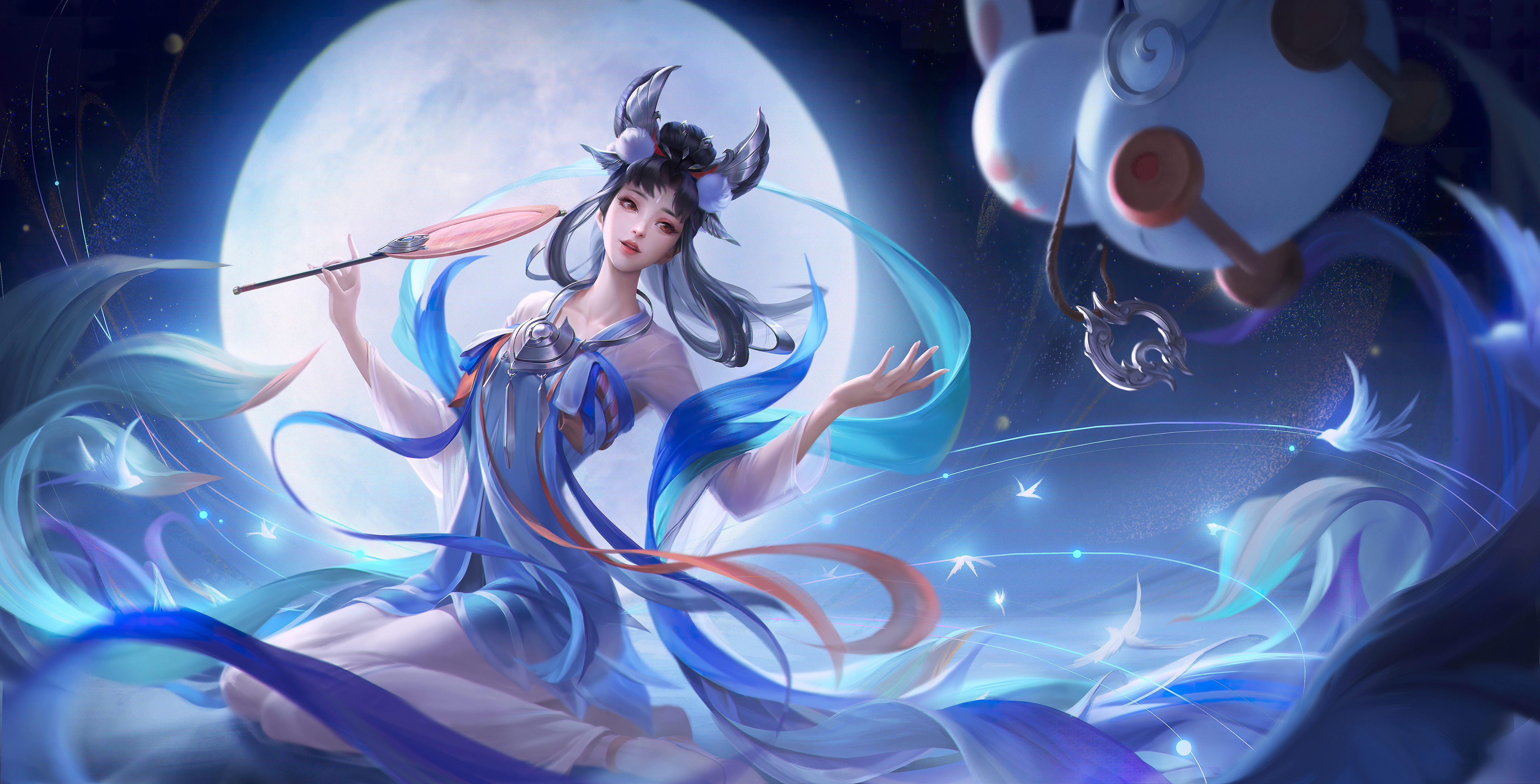 幻想女孩 国风 黑发 游戏CG 长发 王者荣耀 幻想艺术 女孩 蓝色连衣裙 月亮 动漫游戏 4K高清壁纸 5693×2900