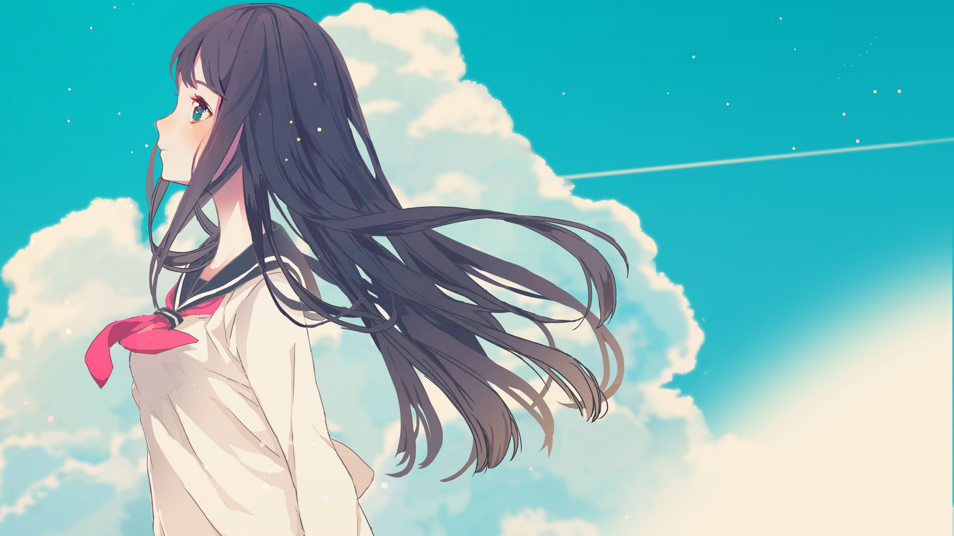 长发 深色头发 侧面 校服 云 天空 动漫女孩 动漫 4K高清壁纸 3840×2160