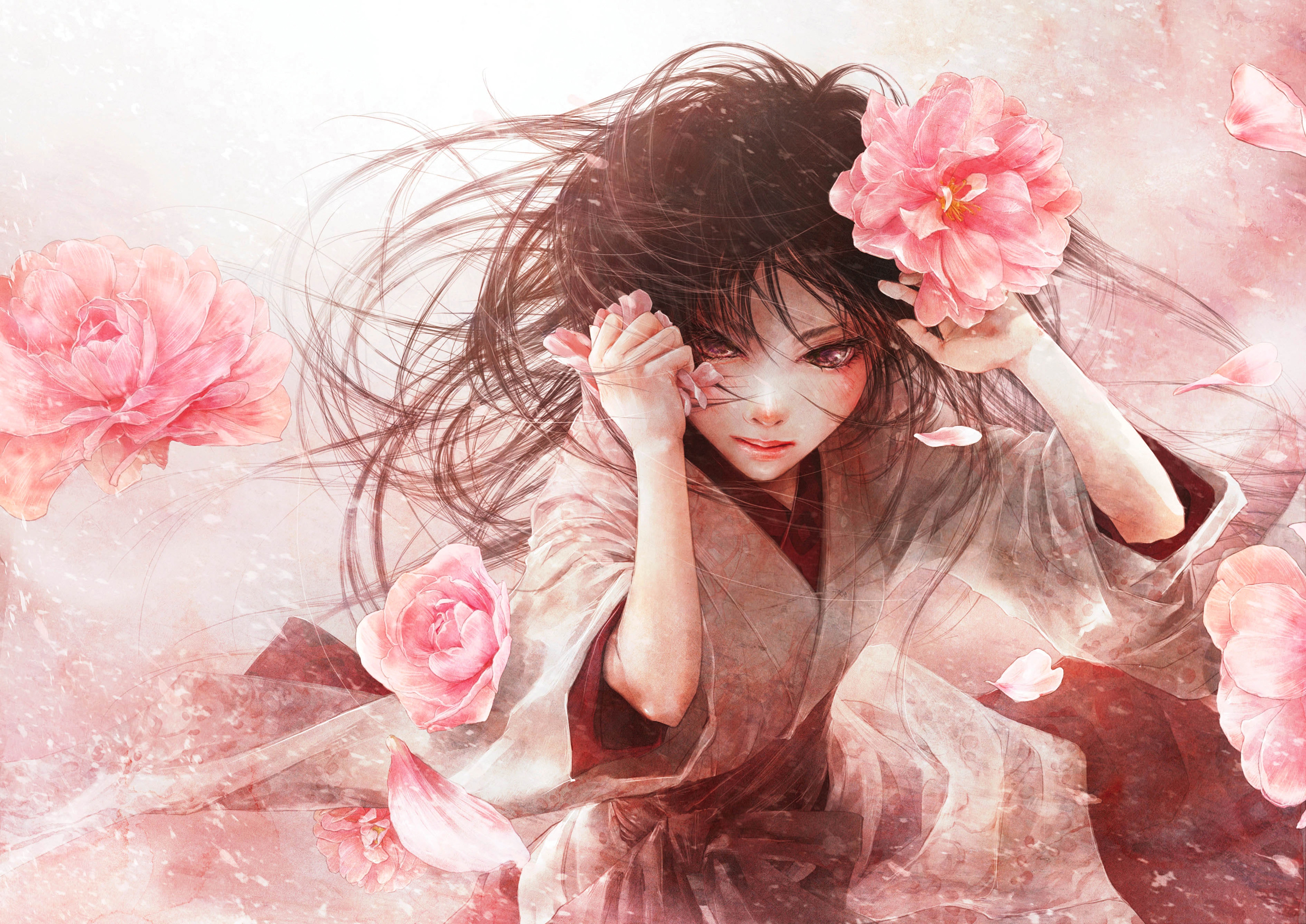 经典深色头发 原创人物 长发 动漫 动漫女孩 和服 粉色玫瑰 腮红 紫色眼睛 服装 手机壁纸 4000×2832