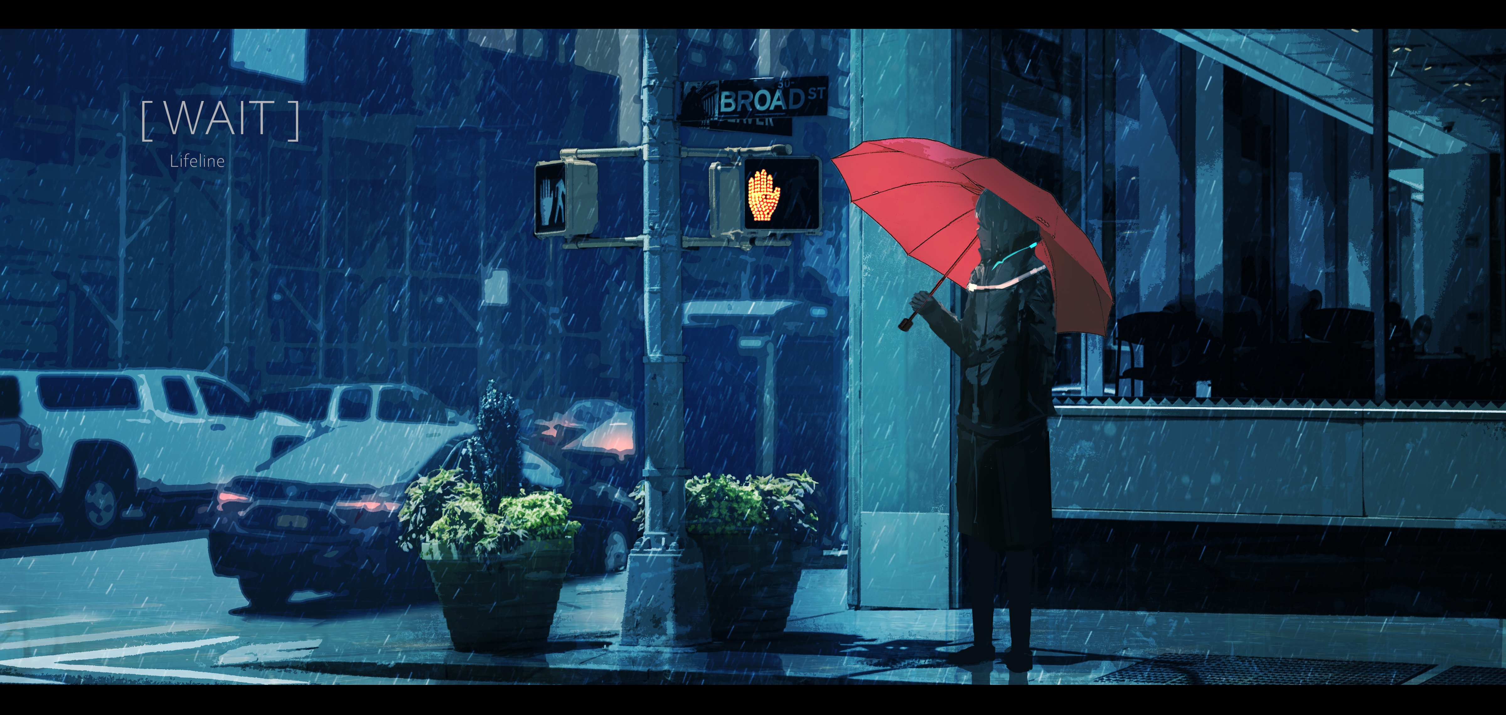 高清下雨 雨伞 雨中 女孩 交通岗 AI艺术 图片 无水印壁纸 4800×2280