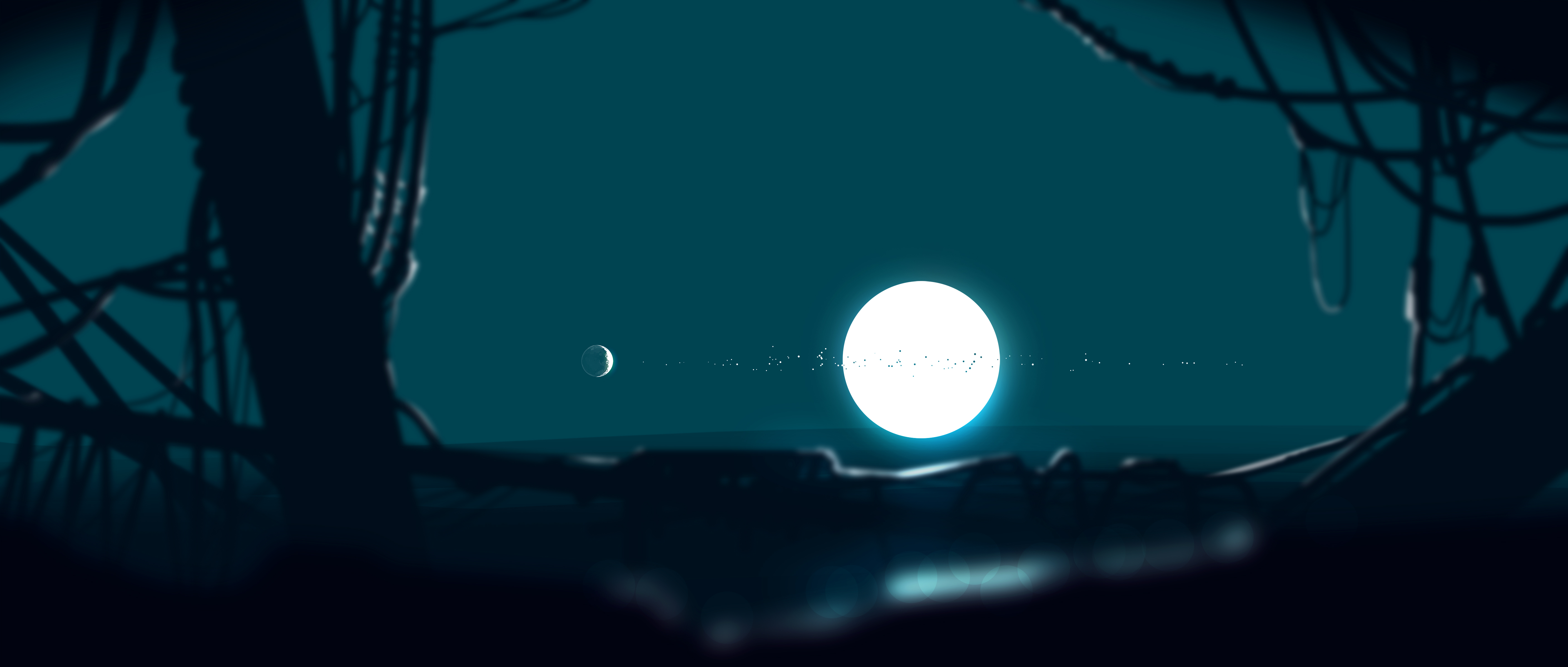 优雅 AI艺术 数字绘画 月亮 夜晚 森林 壁纸 5640×2400