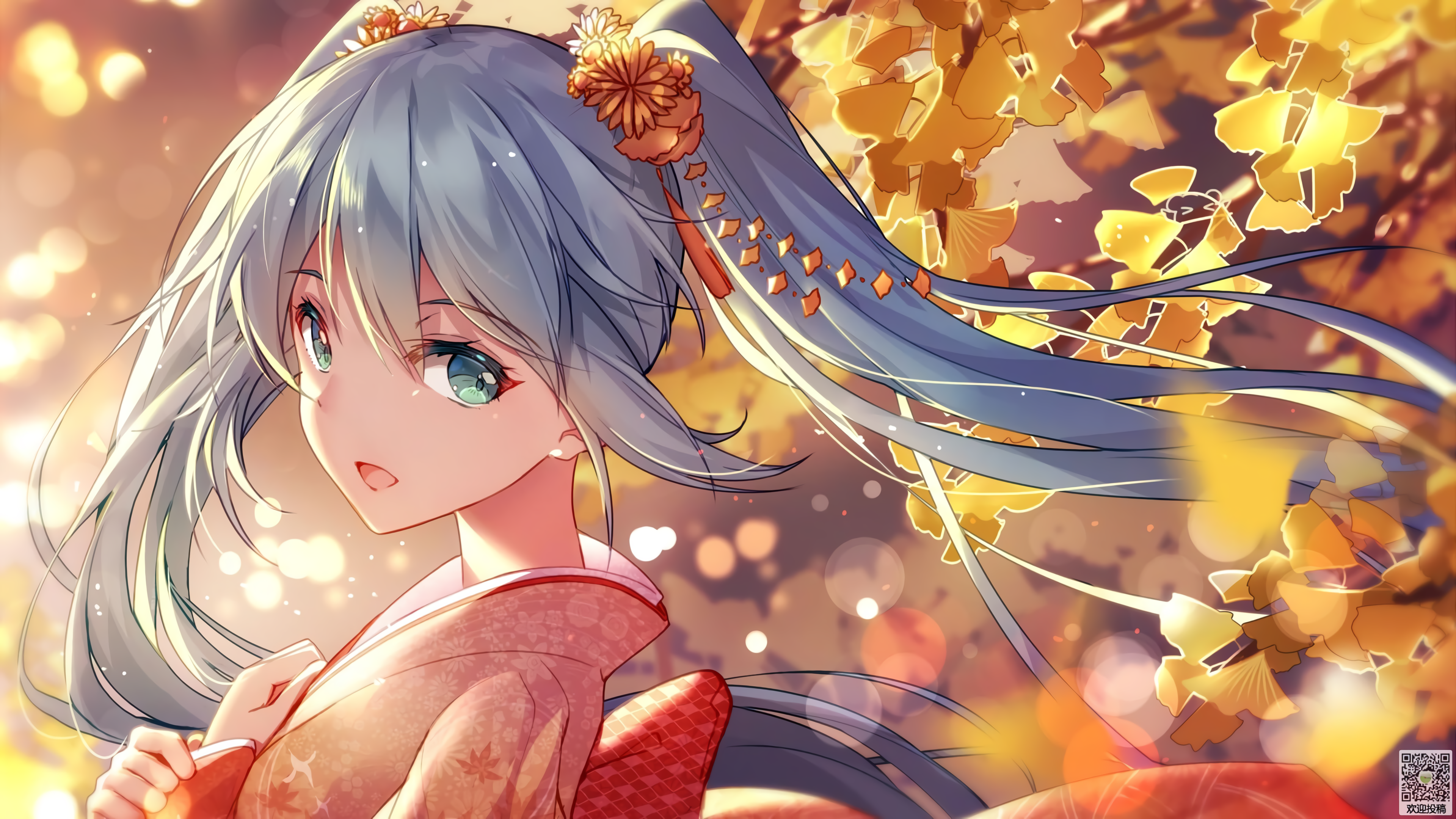 唯美蓝眼睛 蓝头发 动漫女孩 小提琴 双尾 4K壁纸 3840×2160