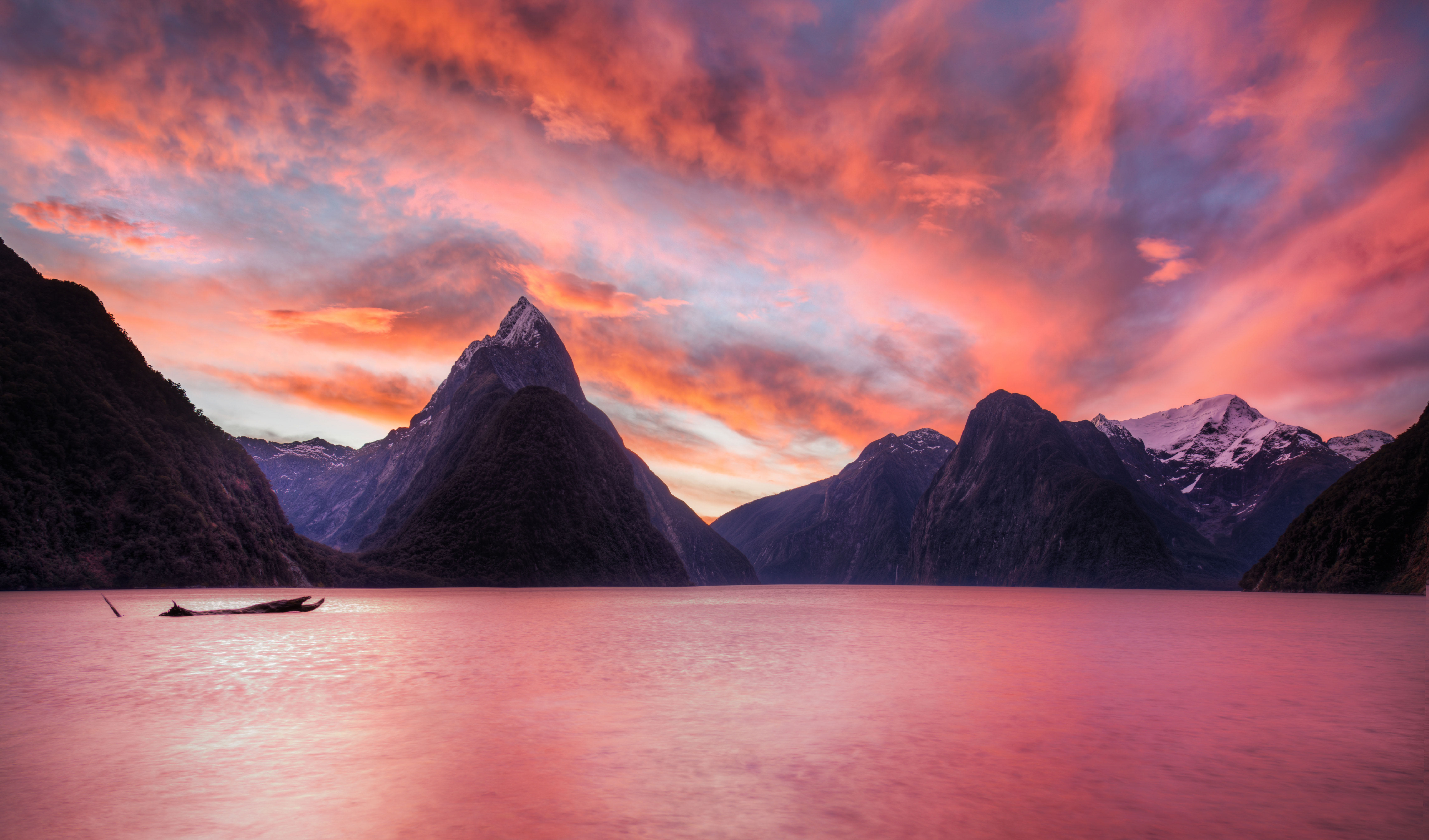 唯美粉色 日落 峡湾 公园 风景 自然 山脉 云彩 湖泊 高清壁纸 6877×4044