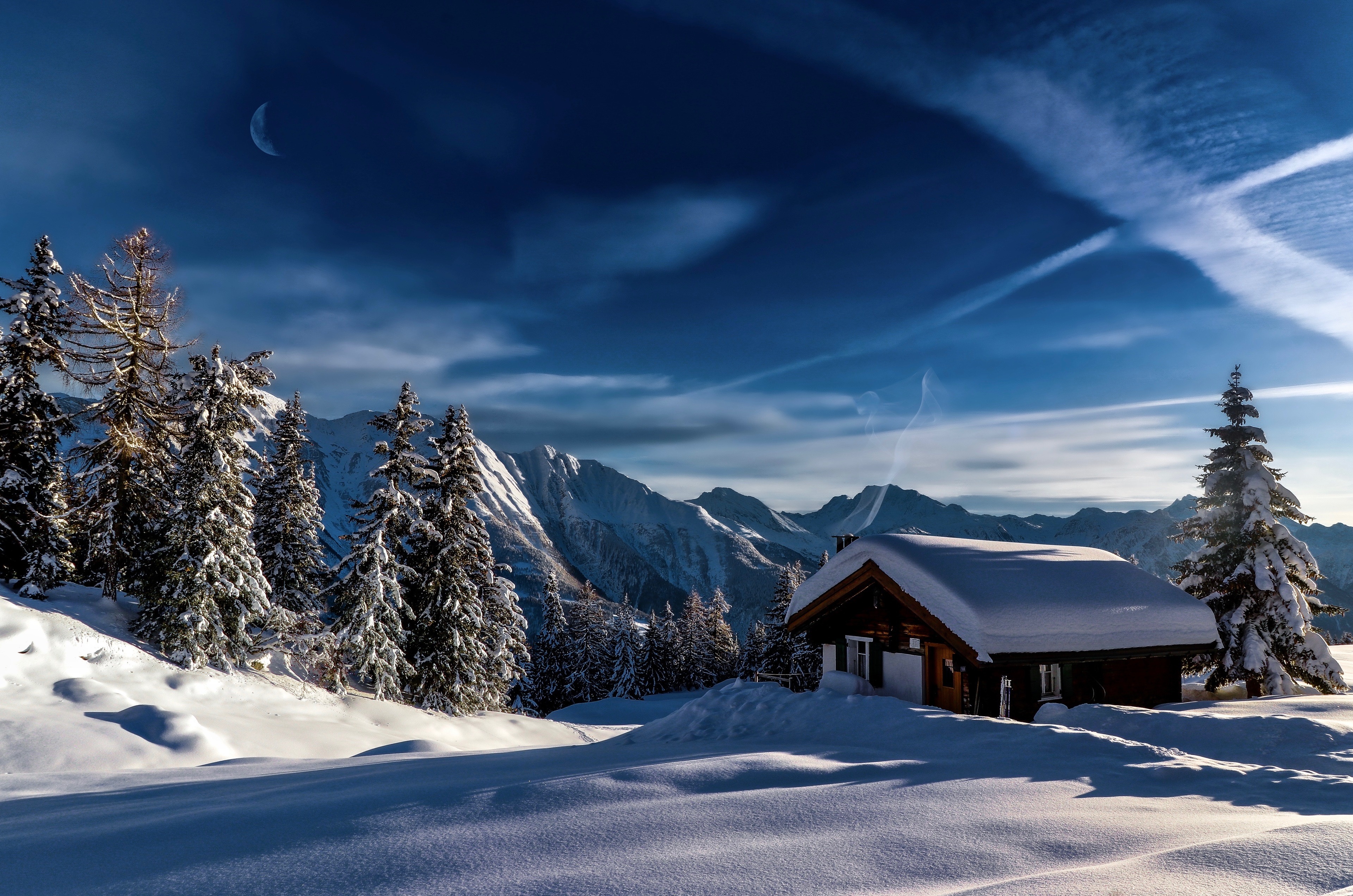 自然 风景 冬天 雪 天空 云 树 房子 4K高清壁纸 3840×2543