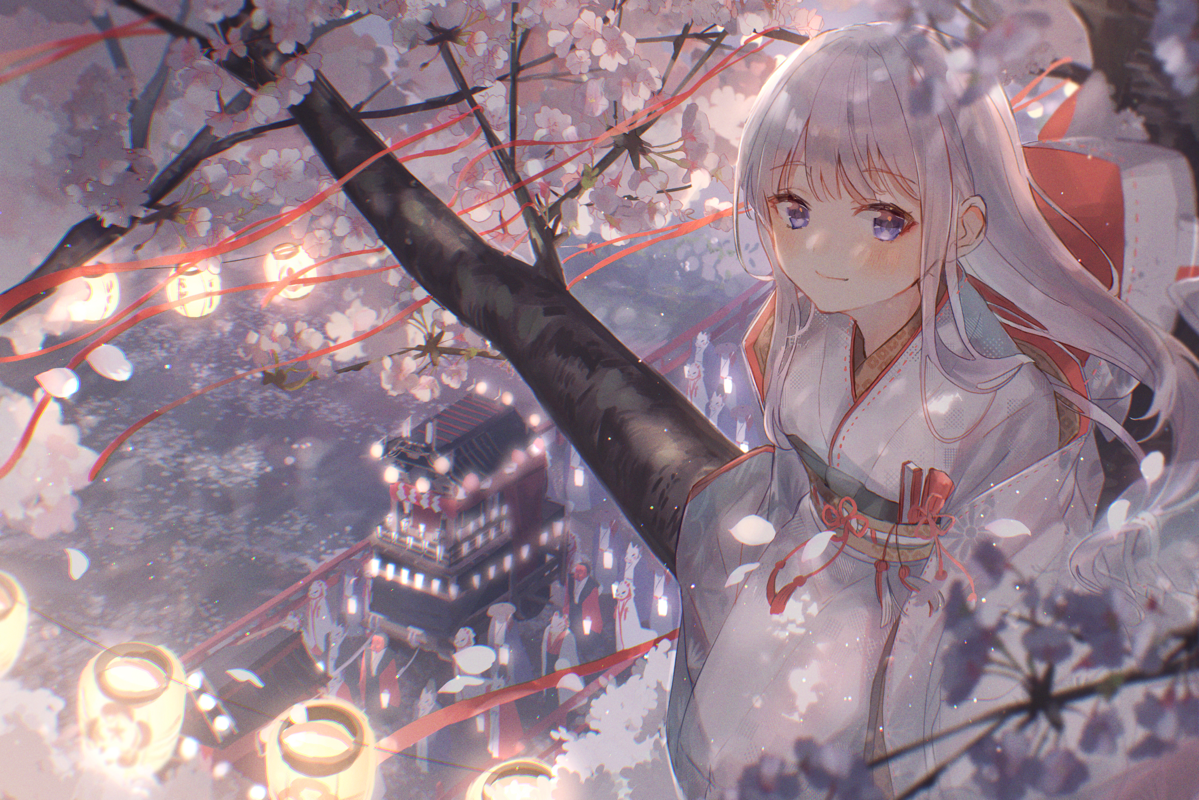 小鱼 动漫 动漫女孩 樱花 服装 和服 银发 手机壁纸 4096×2734