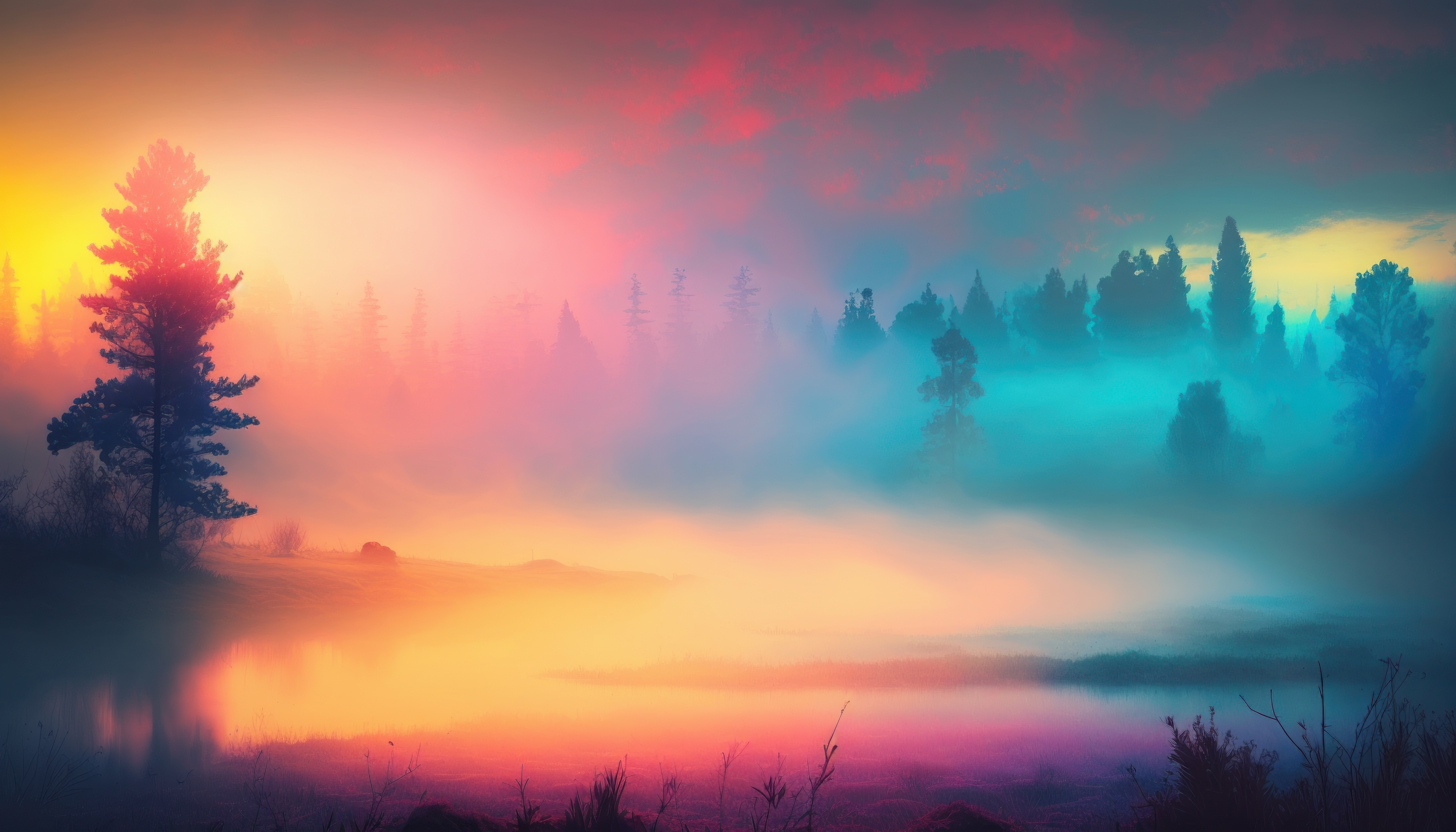 唯美艺术 薄雾 早晨 日出 风景 湖泊 阳光 自然 壁纸 4579×2616