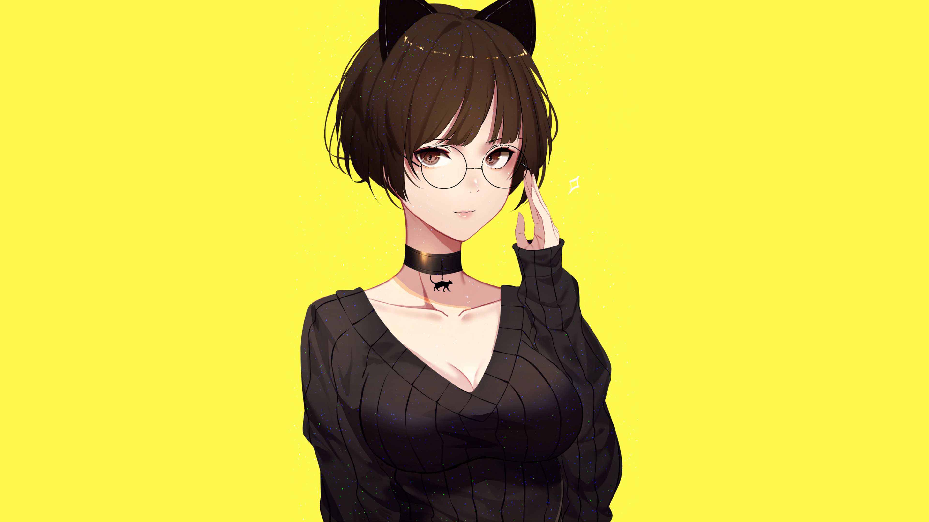 原创人物 深色头发 短发 动漫女孩 动漫 眼镜 棕色眼睛 兽耳 毛衣 壁纸 3840×2160