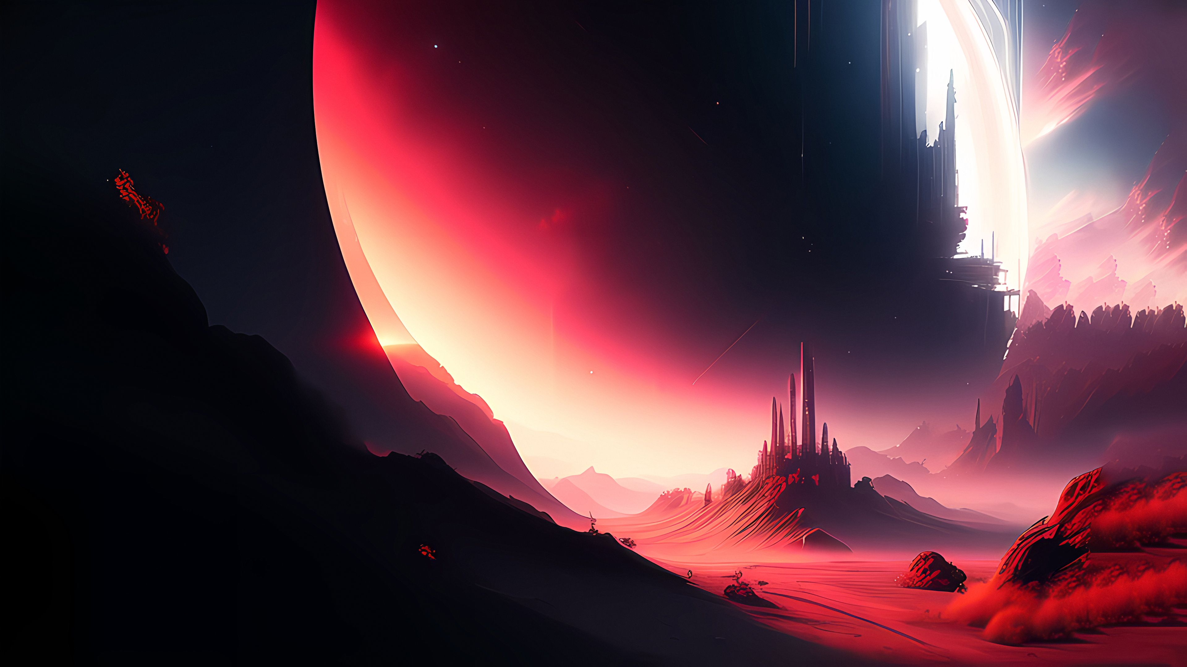 艺术 AI艺术 奇幻艺术 城堡 月亮 红色 深色 4K高清壁纸 3840×2160