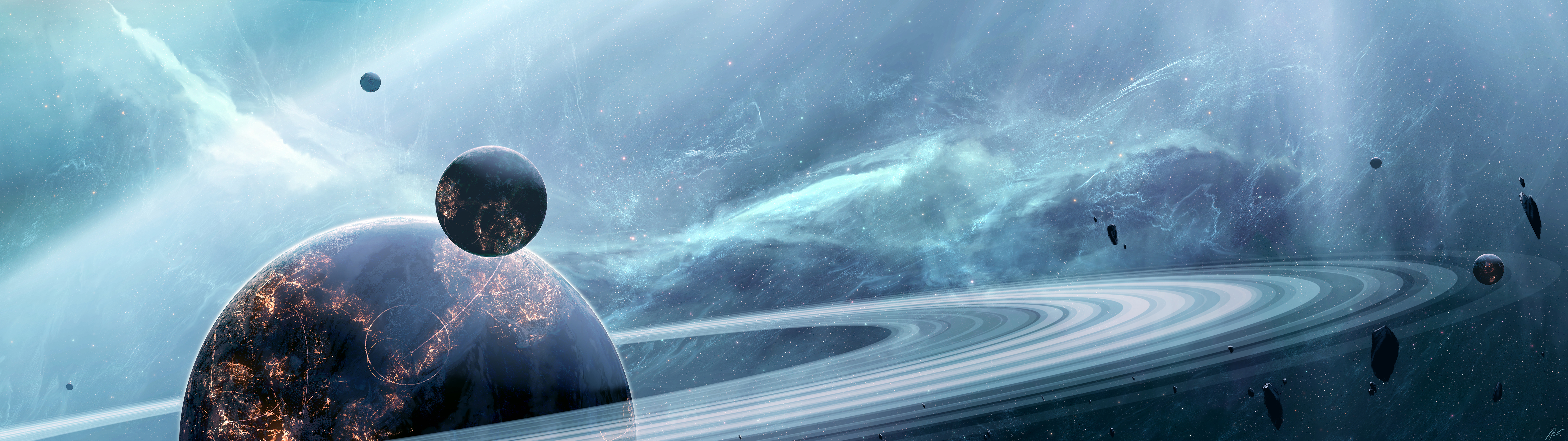 热门空间艺术 行星 未来主义 行星环 星云 土星 高清壁纸 7680×2160