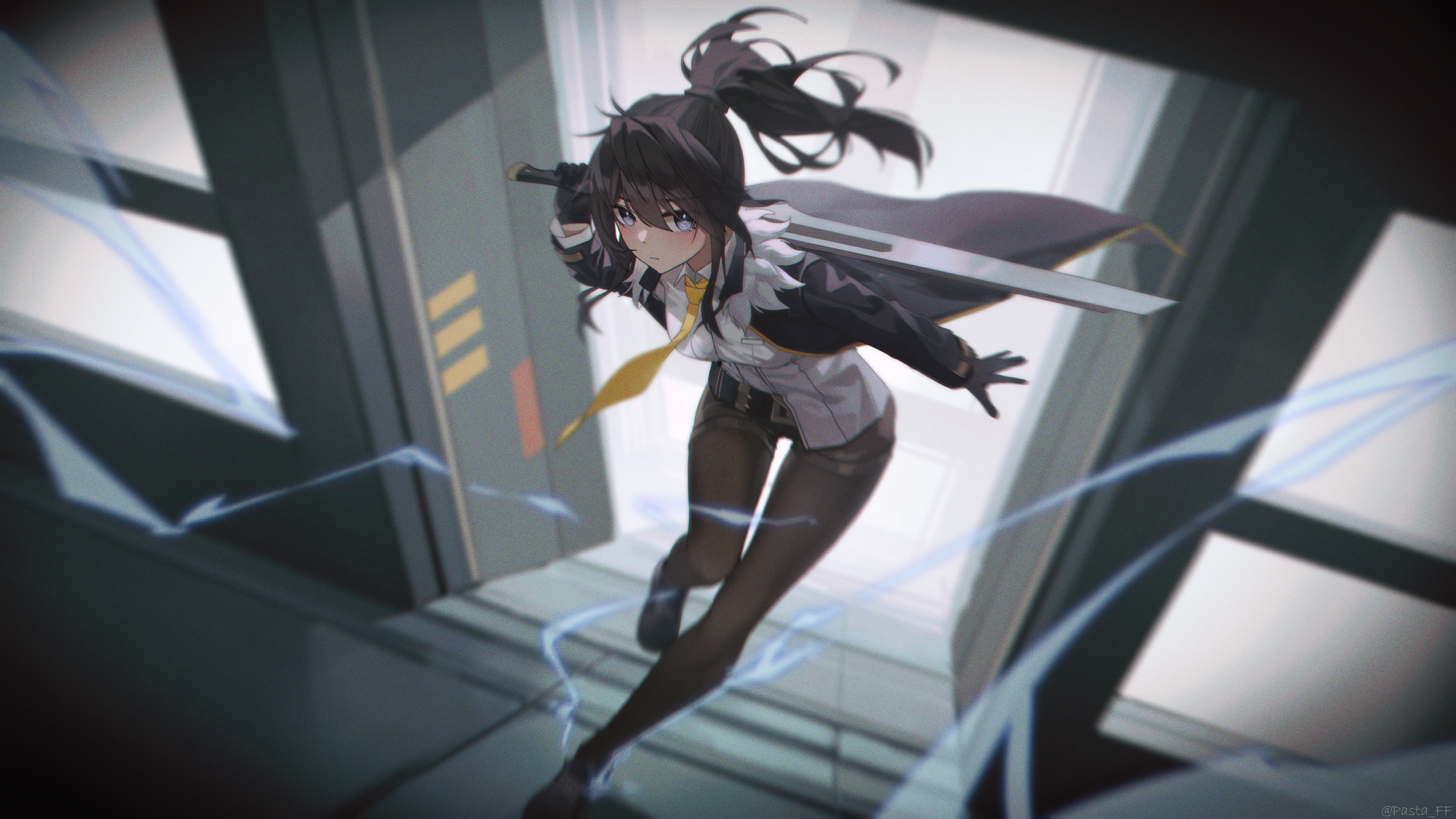 超清马尾辫 蓝眼睛 动漫 动漫女孩 剑 跑步 手套 武器 壁纸 3840×2160