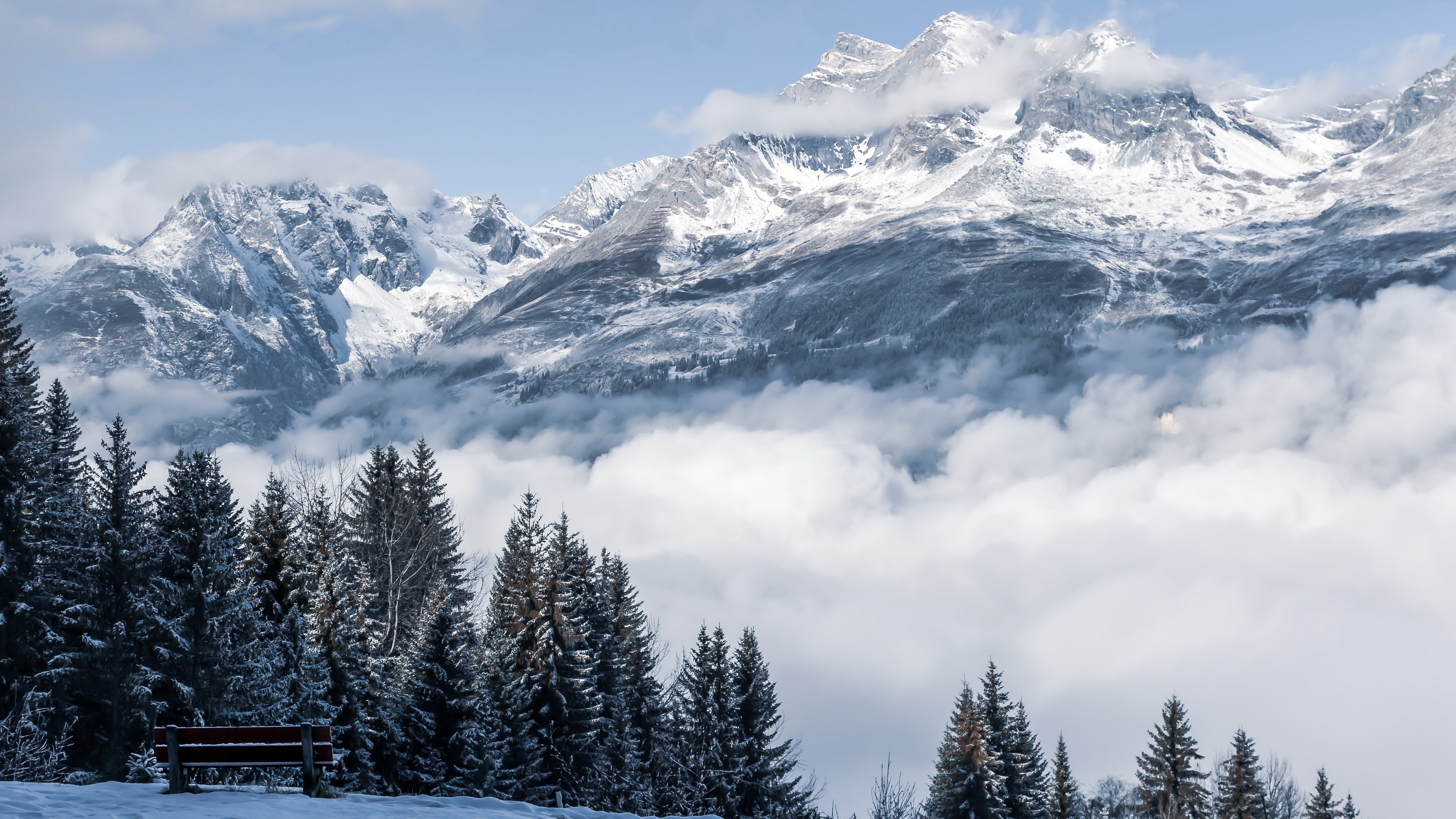 自然 风景 山脉 雪峰 雪山 冬天 寒冷 户外 长凳 树木 桌面壁纸 3840×2160