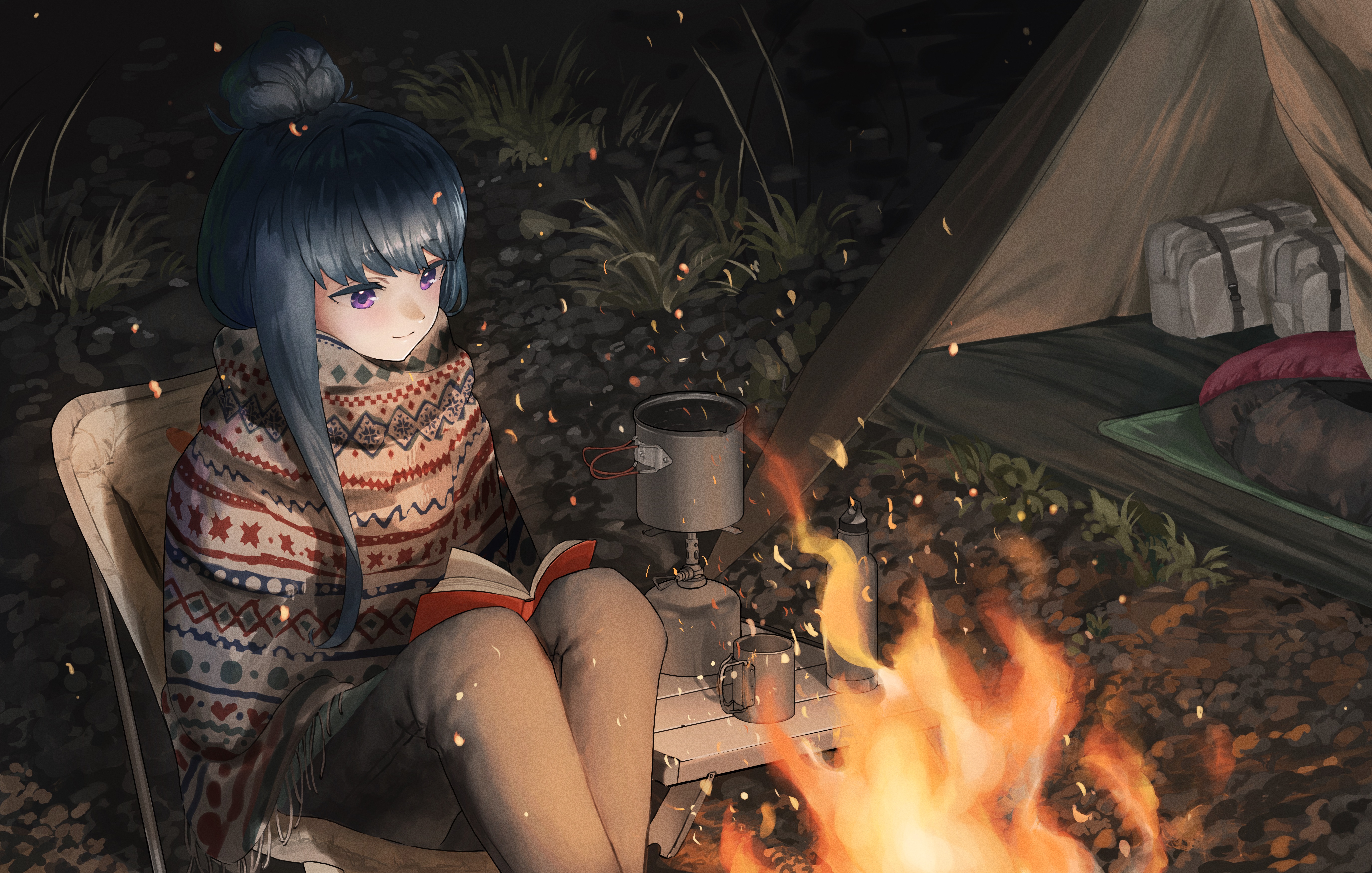 超清女人 蓝头发 动漫女孩 火 篝火 帐篷 露营 高清壁纸 5500×3500