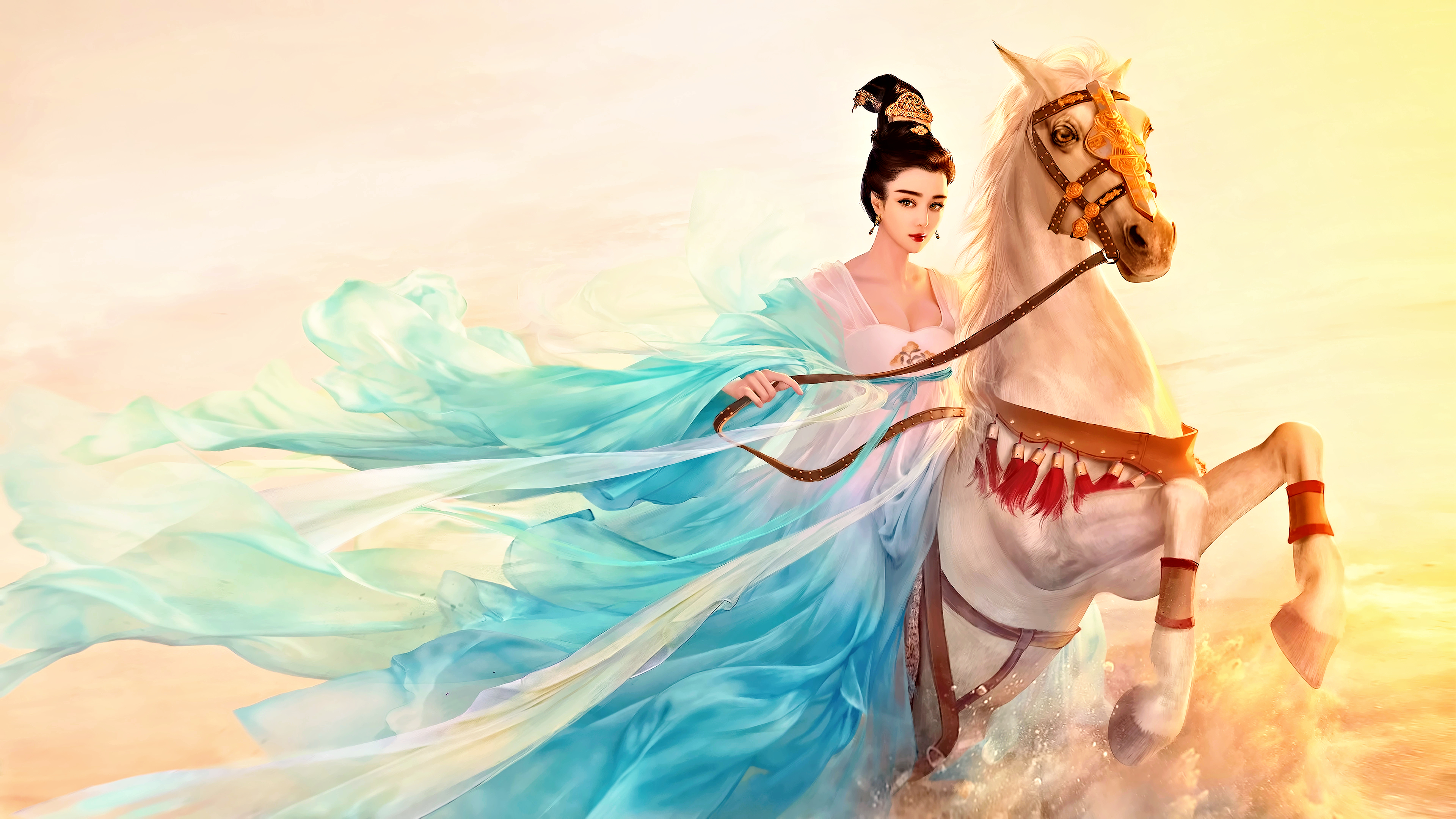 绝美女人 亚洲 AI艺术 原图 奇幻艺术 肖像 绘画 马 4K壁纸 3840×2160
