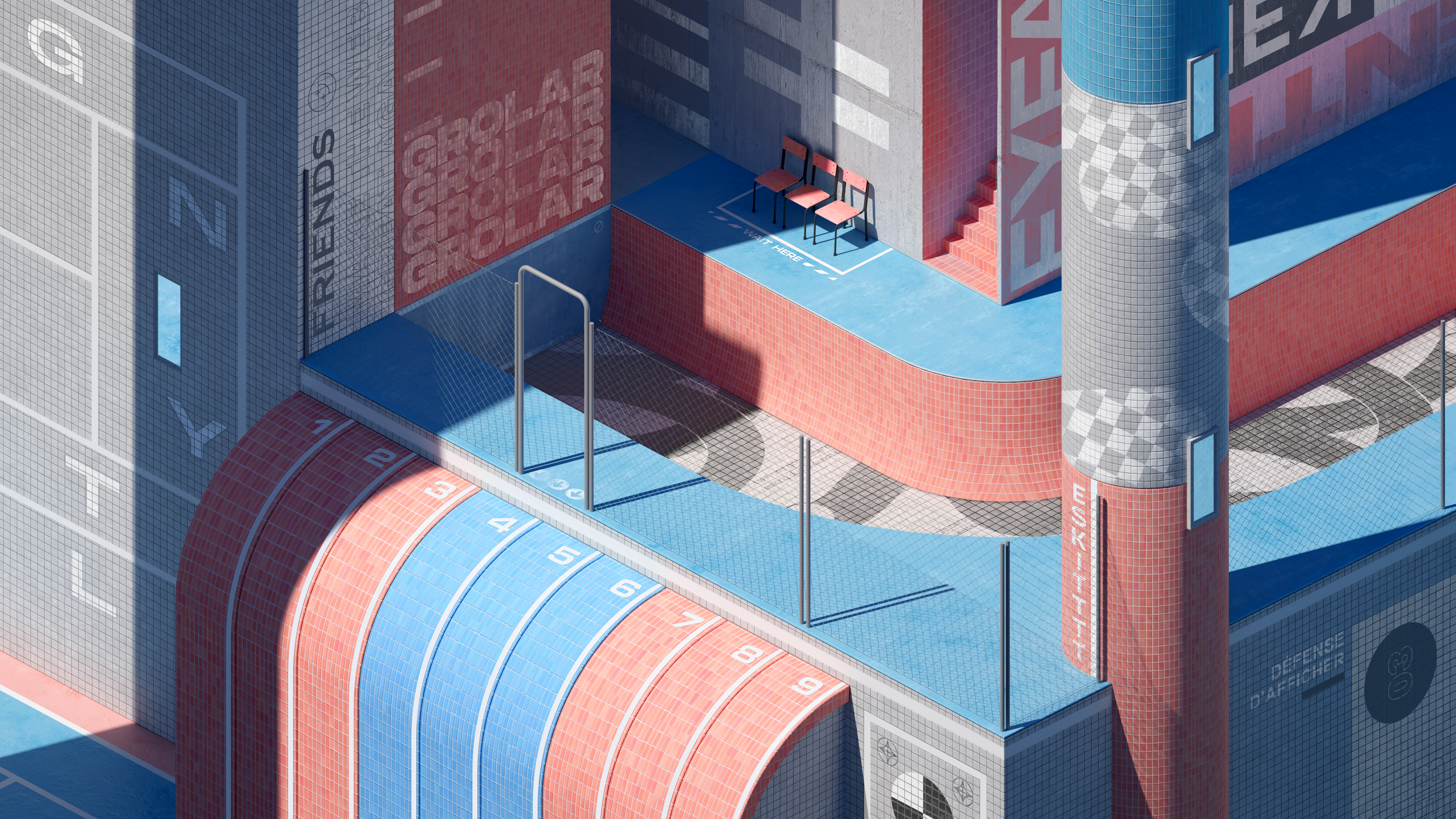绚丽AI艺术 环境 游乐场 户外 插图 建筑 游泳池 高清壁纸 3840×2160