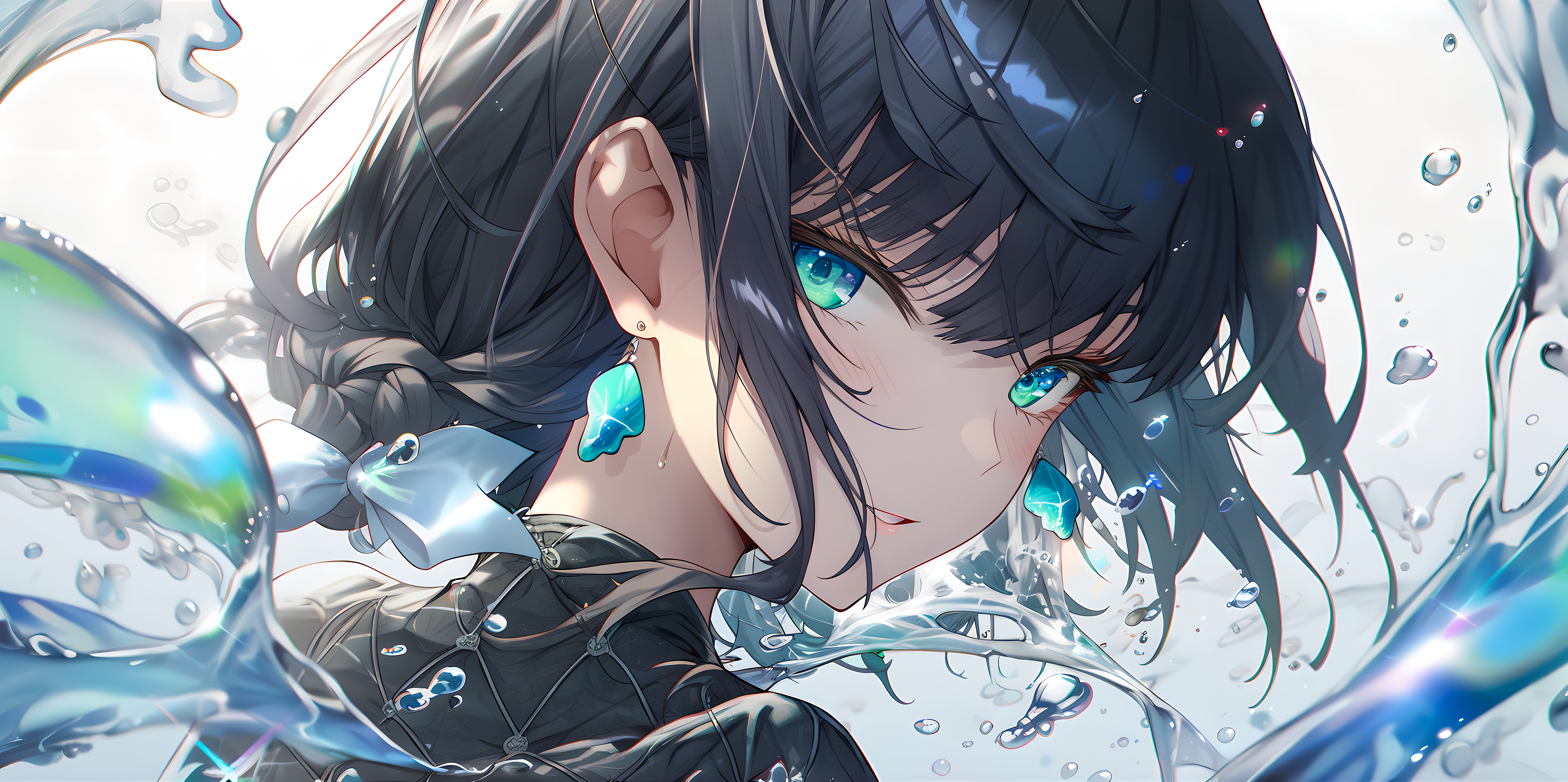 艺术 水 动漫女孩 耳环 领结 水滴 腮红 AI艺术 4K高清壁纸 4798×2392