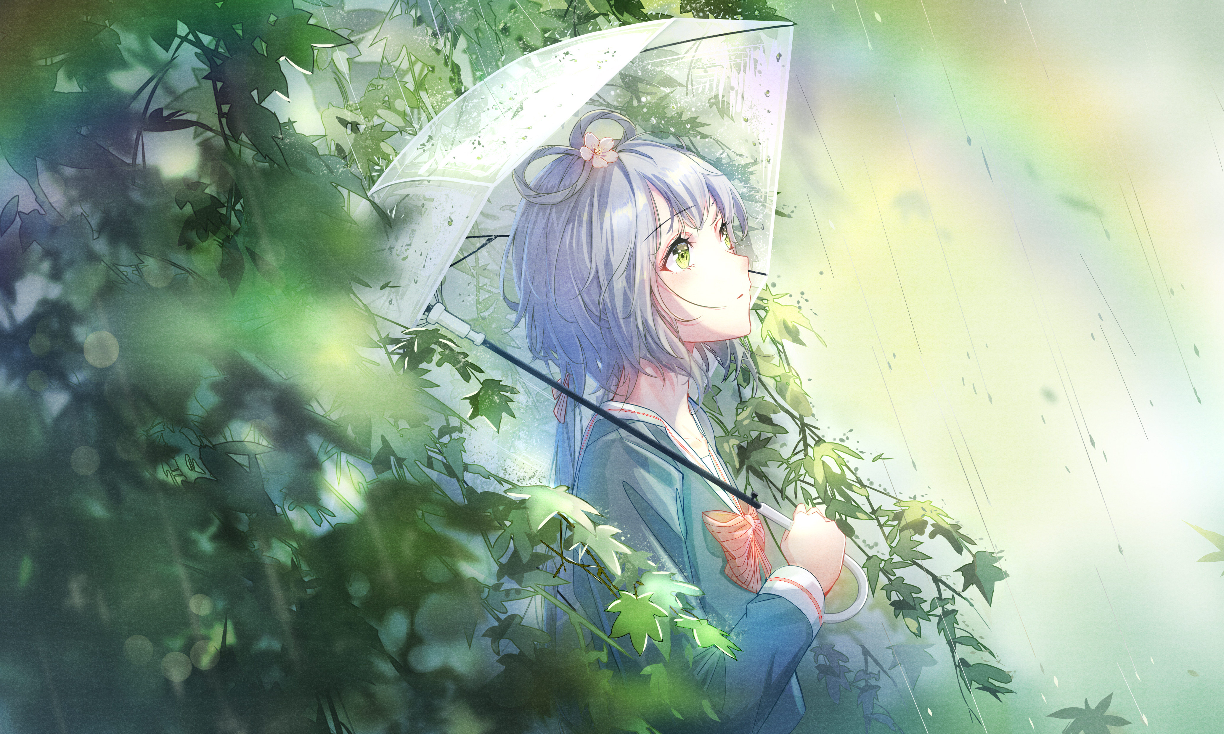 经典抬头 小提琴 动漫女孩 雨伞 雨 树叶 蝴蝶结 彩虹 壁纸 4134×2480