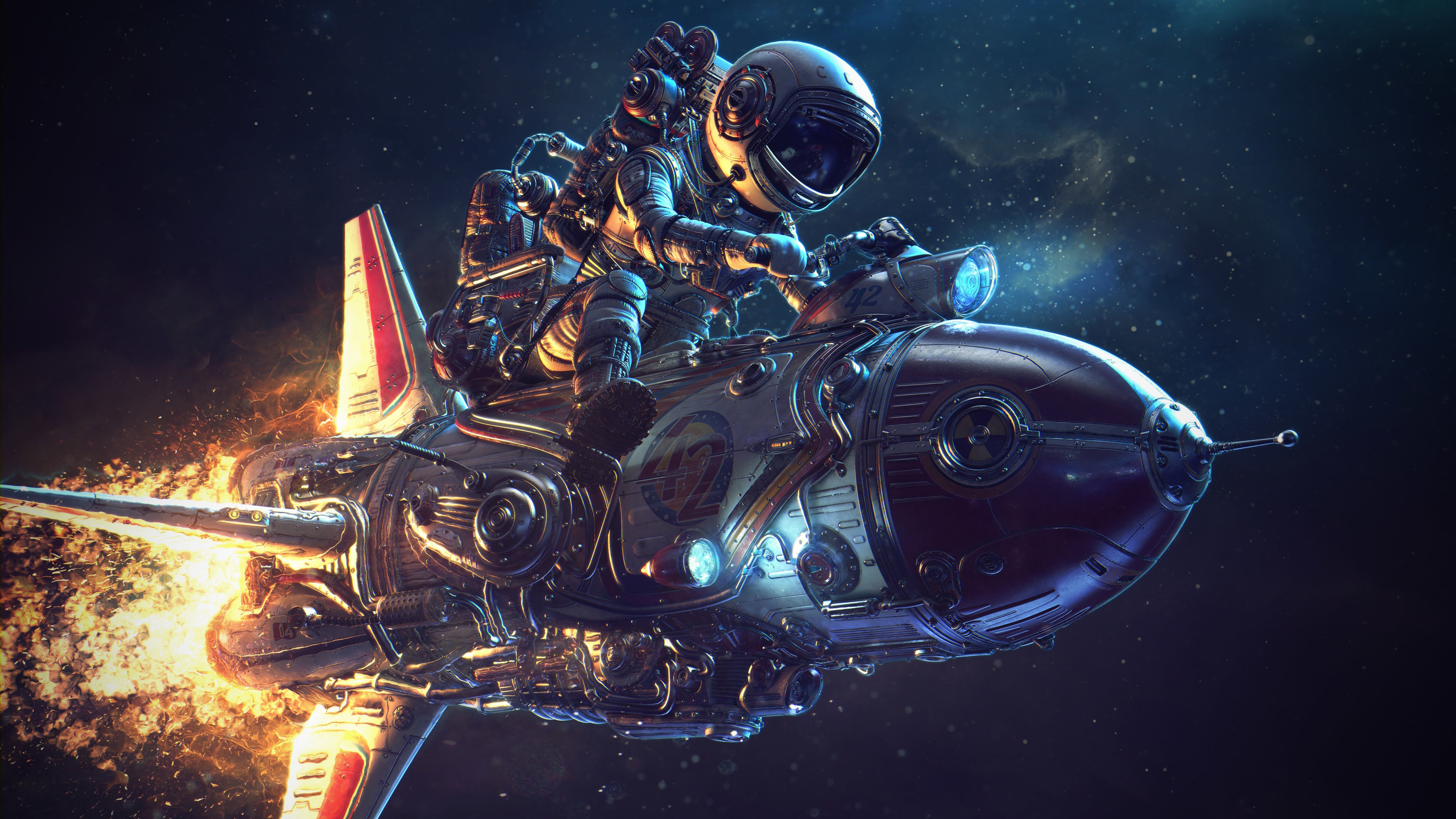 宇航员 太空 火箭 素描 绘画 科幻小说 恒星 行星 4K高清壁纸 3840×2160