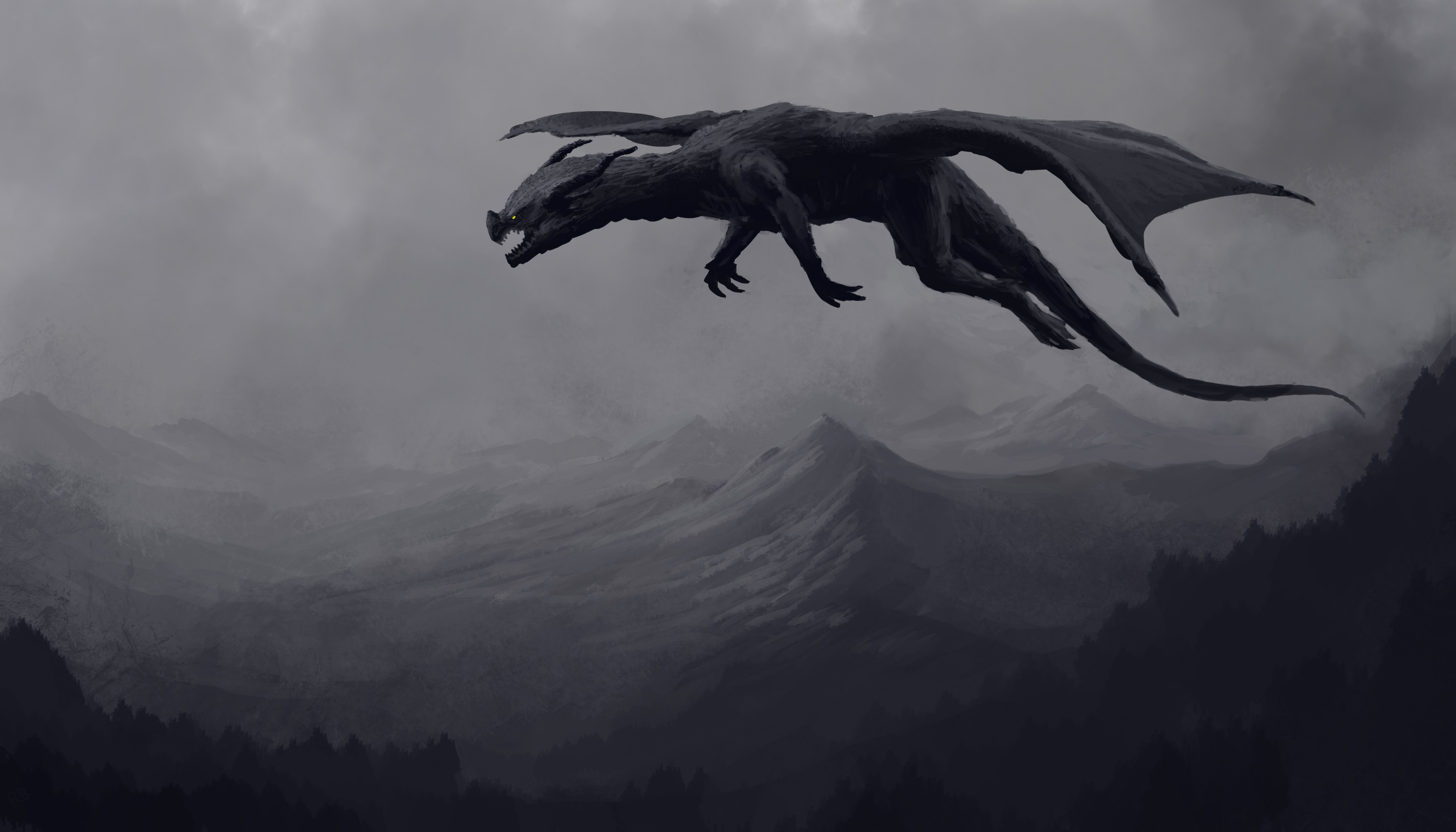 AI艺术 奇幻艺术 自然 风景 龙 山 飞翔 单色 极简主义 黑色 黄色眼睛 绘画 壁纸 4200×2400