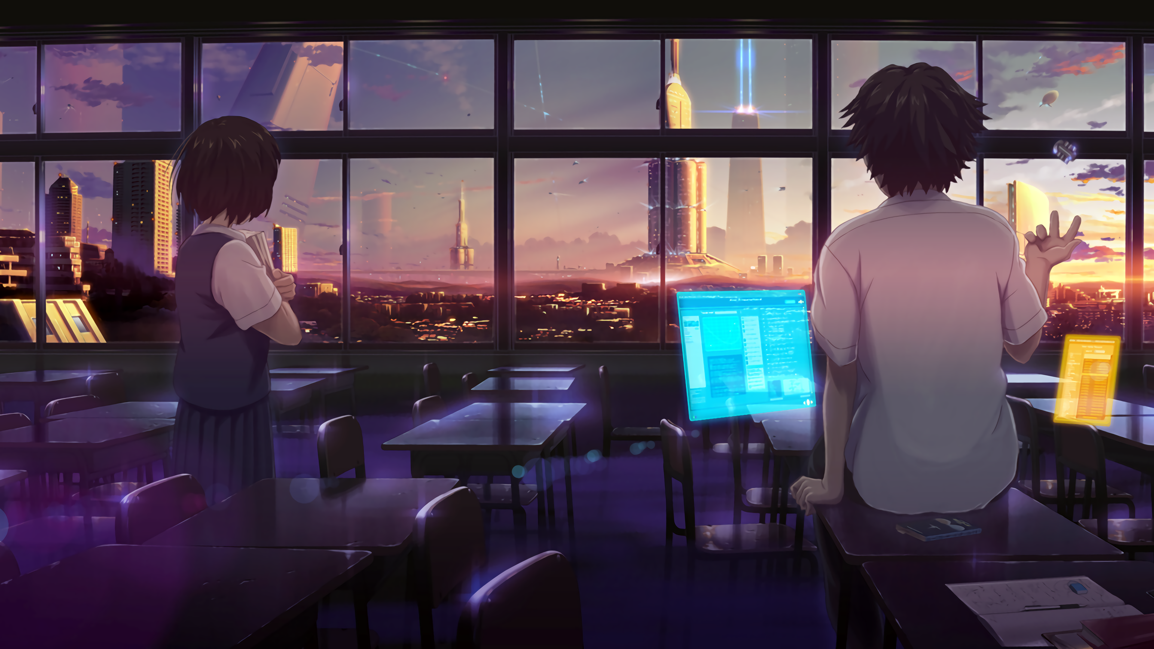 唯美教室 AI艺术 未来主义 科幻小说 摩天大楼 城市 日落 高清壁纸 3840×2160