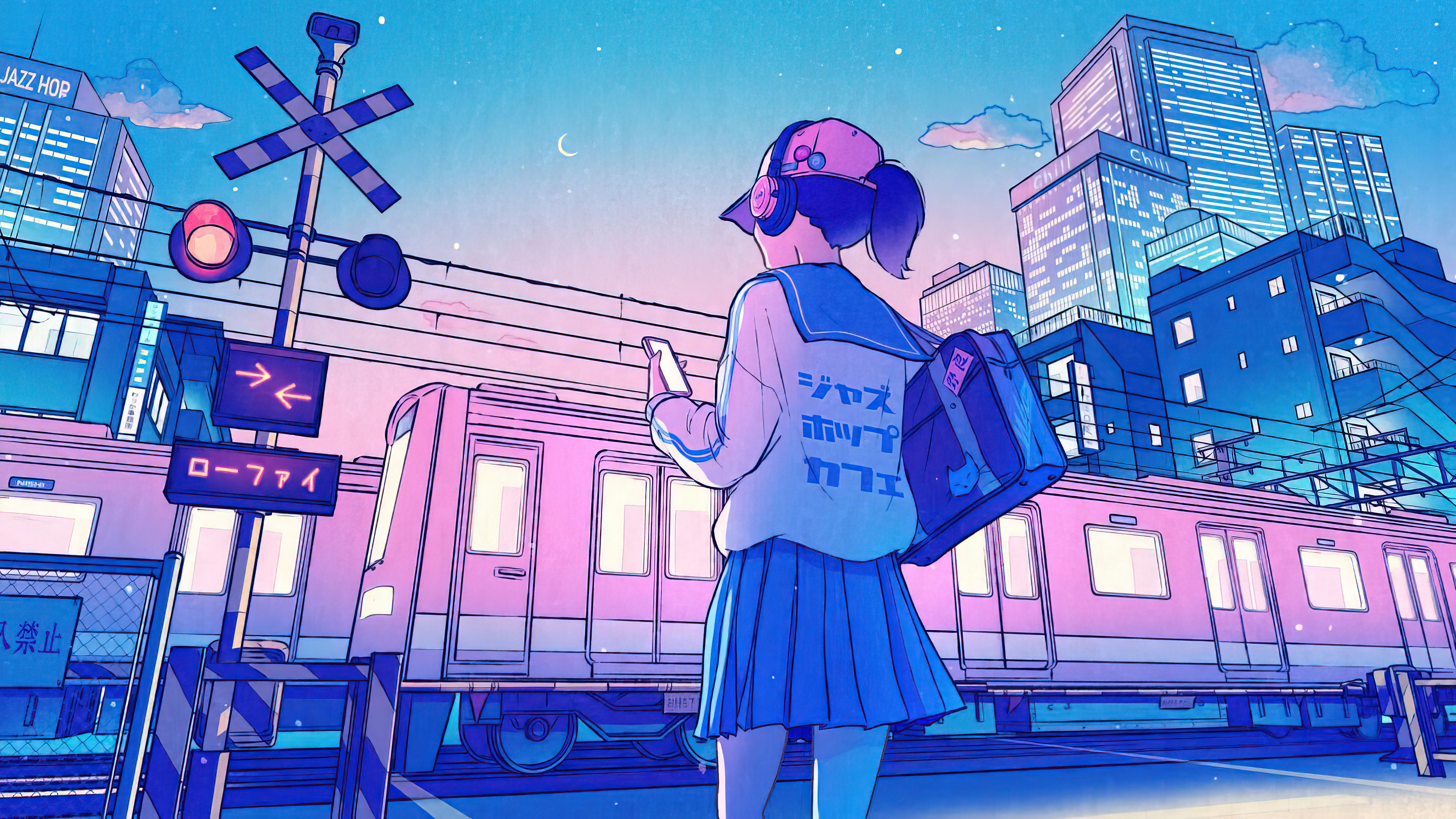 热门女学生 动漫女孩 AI艺术 火车 帽子 耳机 校服 高清壁纸 3840×2160