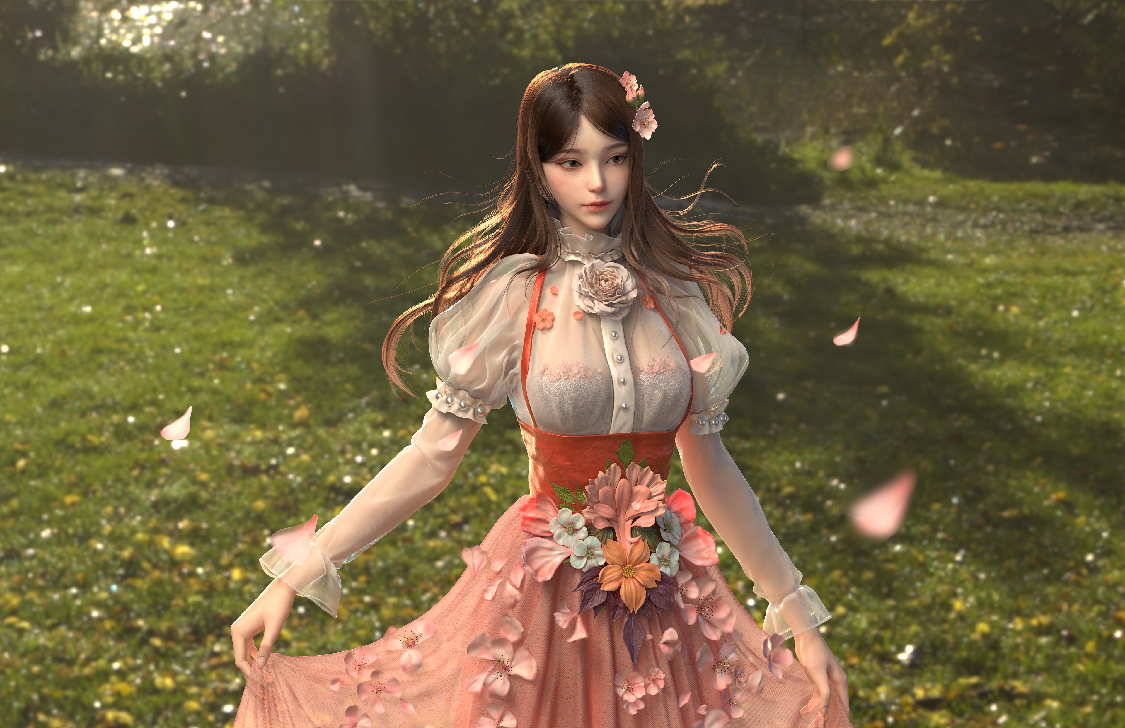 热门幻想女孩 女性 数码艺术 花卉 樱花 连衣裙 无水印壁纸 3840×2486