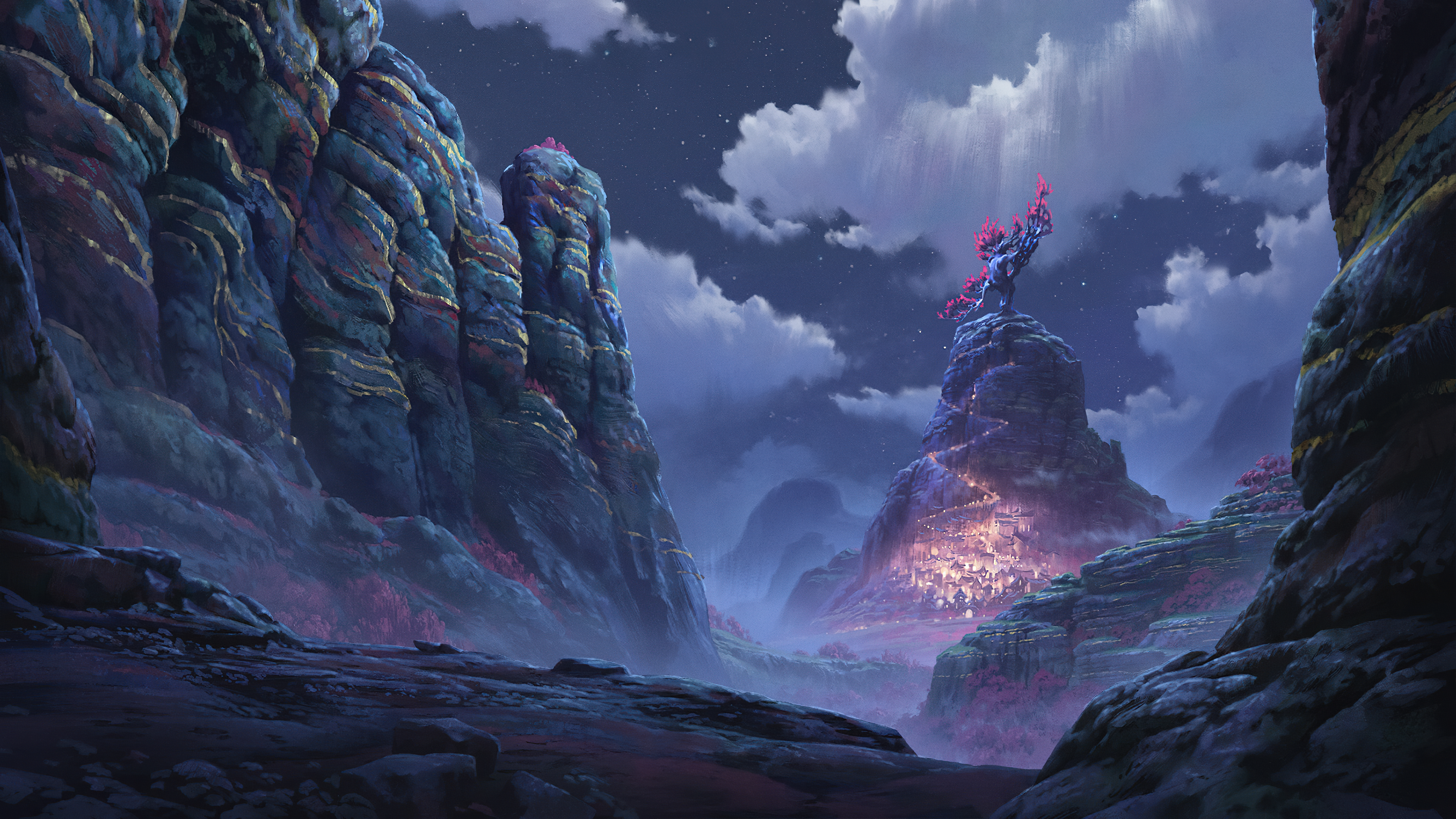 绝美AI艺术 插图 风景 夜景 云 岩层 星星 城镇 山脉 手机壁纸 3840×2160