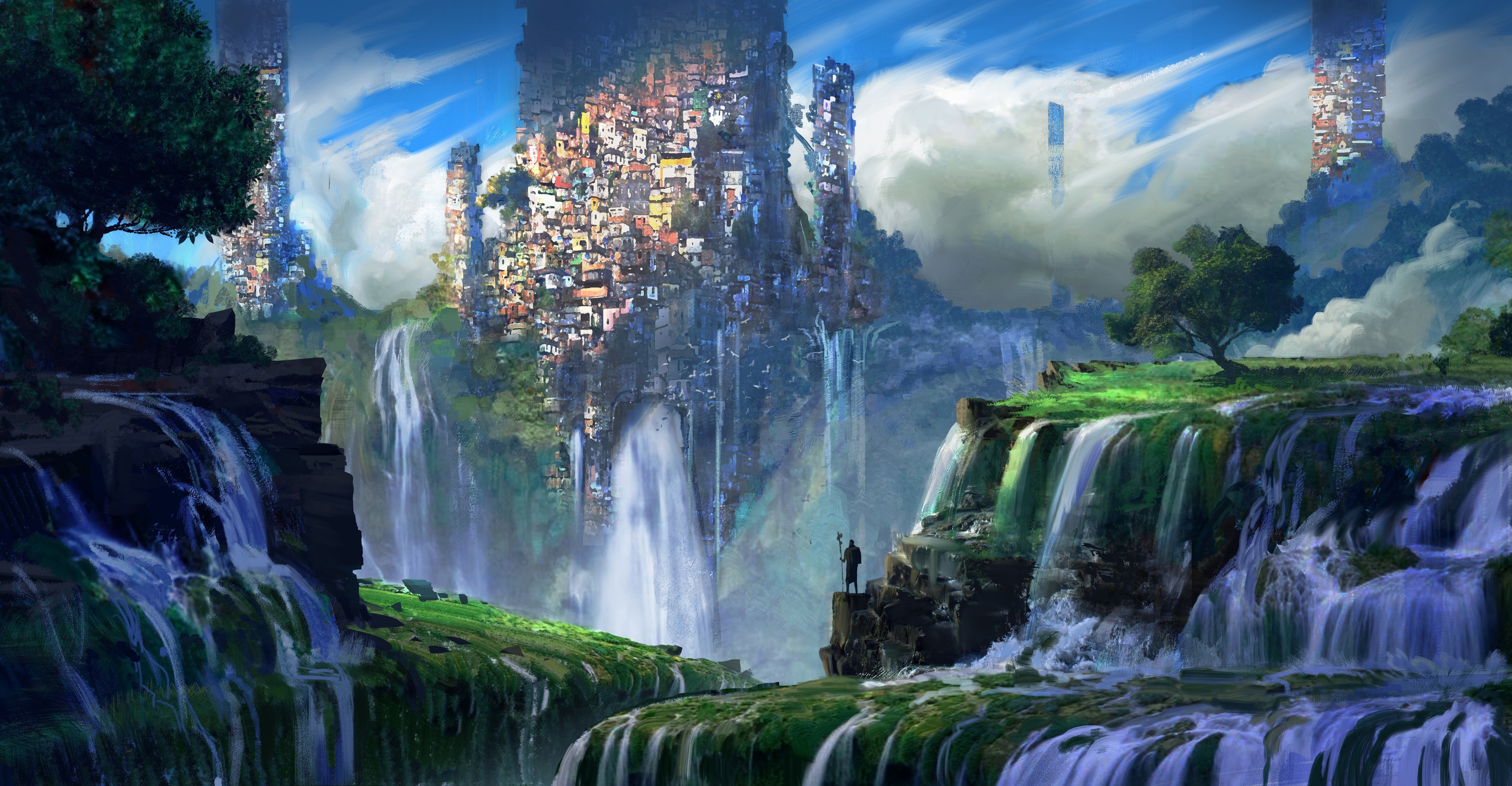山 植物 瀑布 城市 奇幻艺术 风景 AI艺术 4K高清壁纸 5000×2600