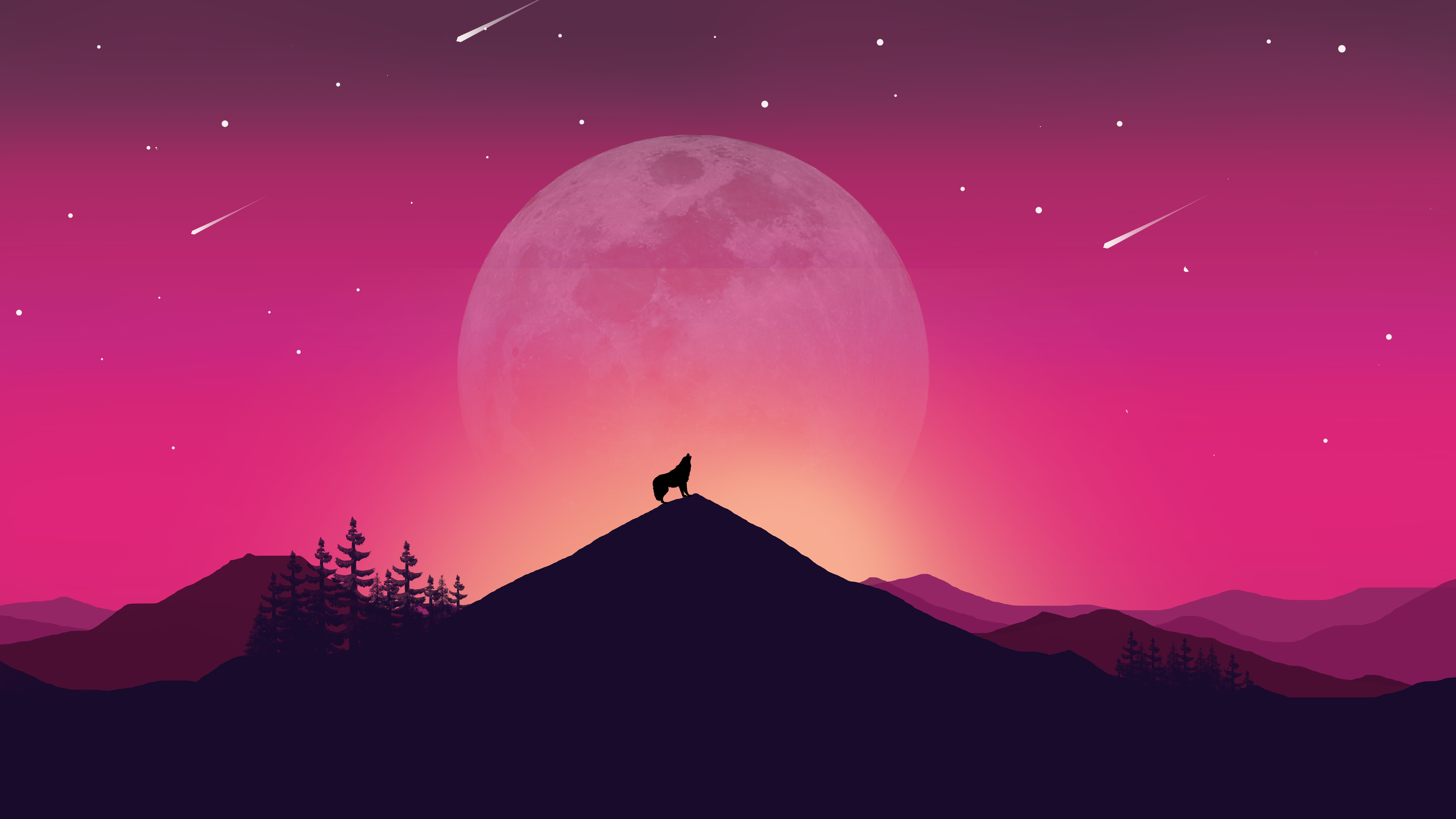 AI艺术 月亮 狼 极简主义 星星 山脉 4K壁纸 7680×4320