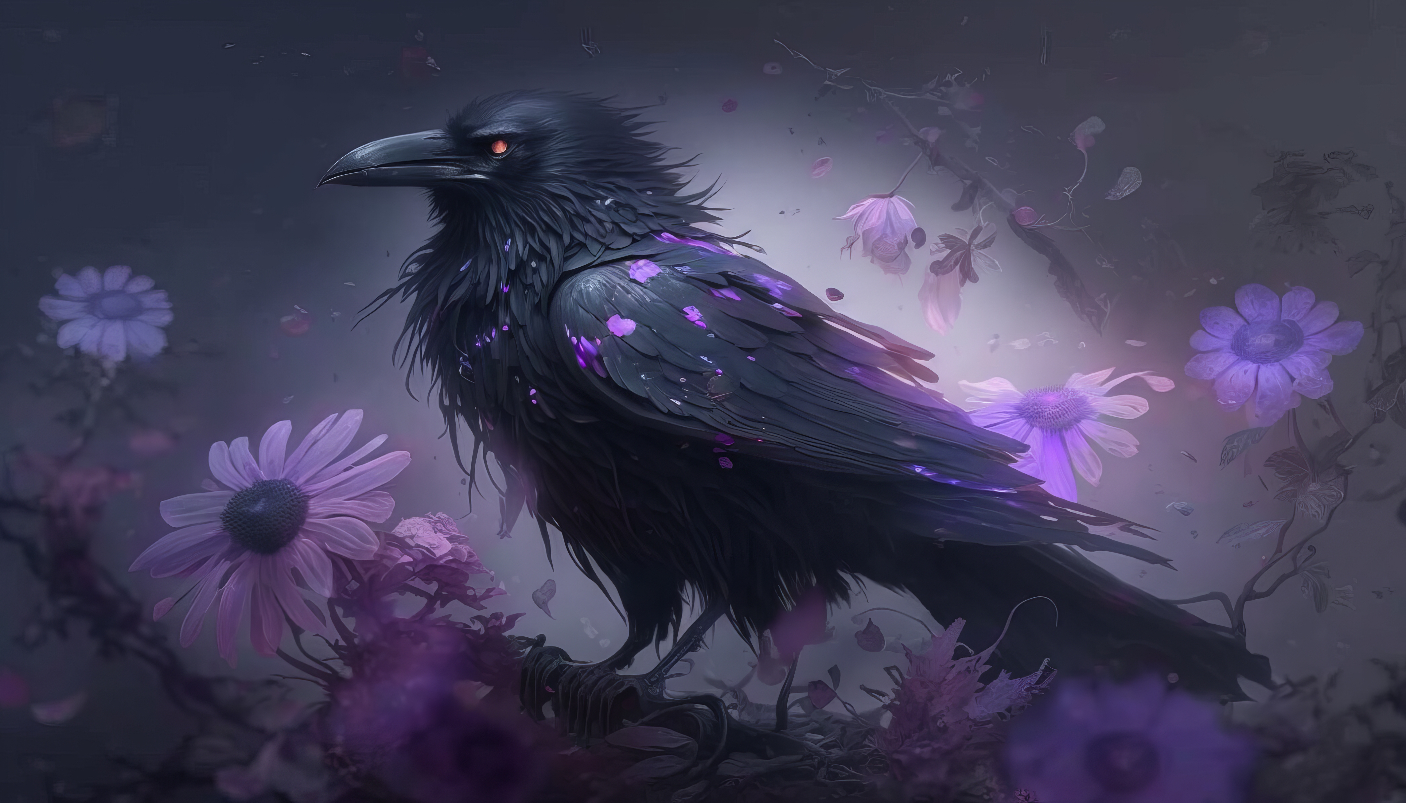 经典艺术 插图 鸟类 动物 乌鸦 紫色 花 花瓣 高清壁纸 4579×2616
