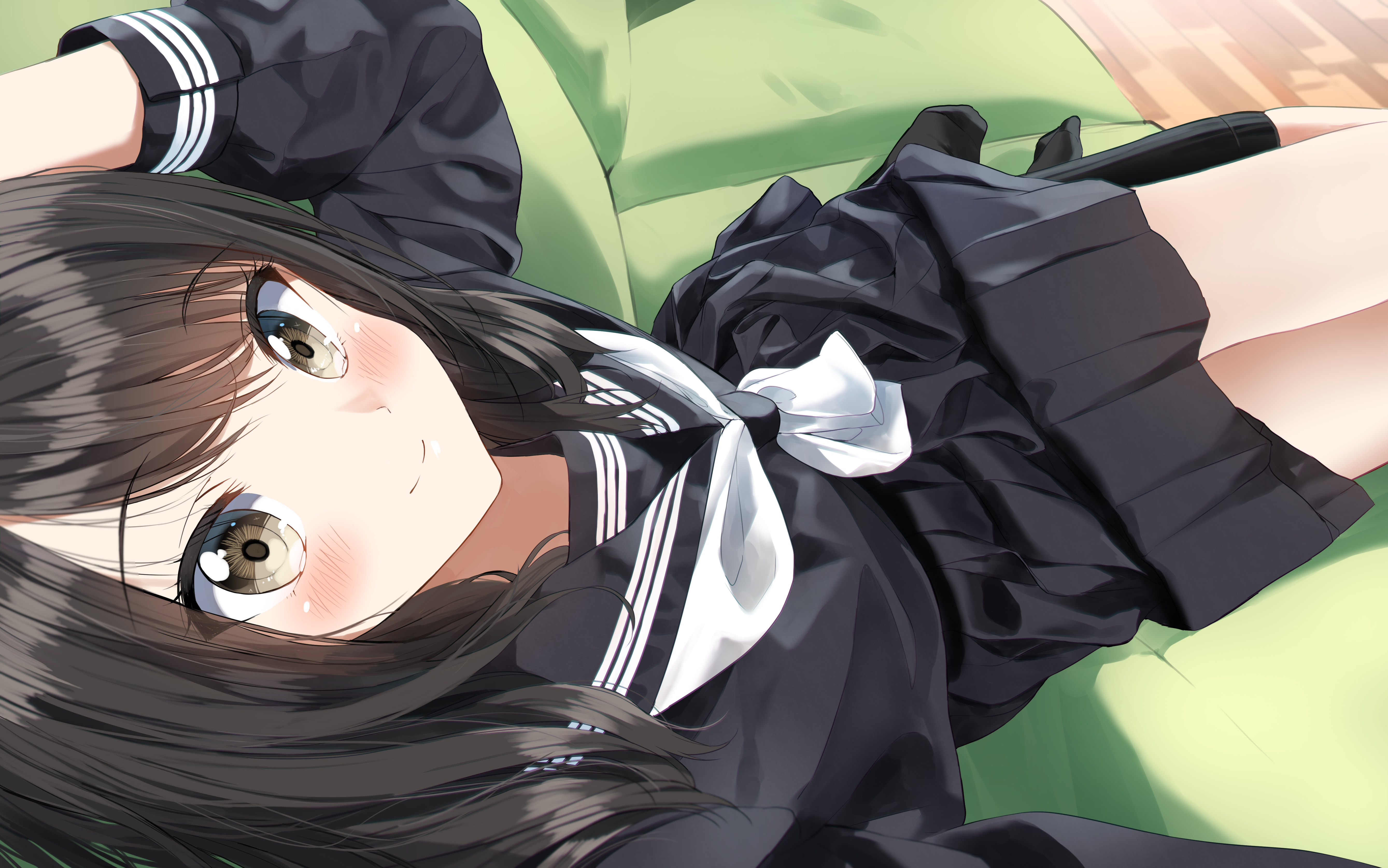 绚丽黑头发 黑眼睛 微笑 动漫 动漫女孩 校服 无水印壁纸 5356×3352
