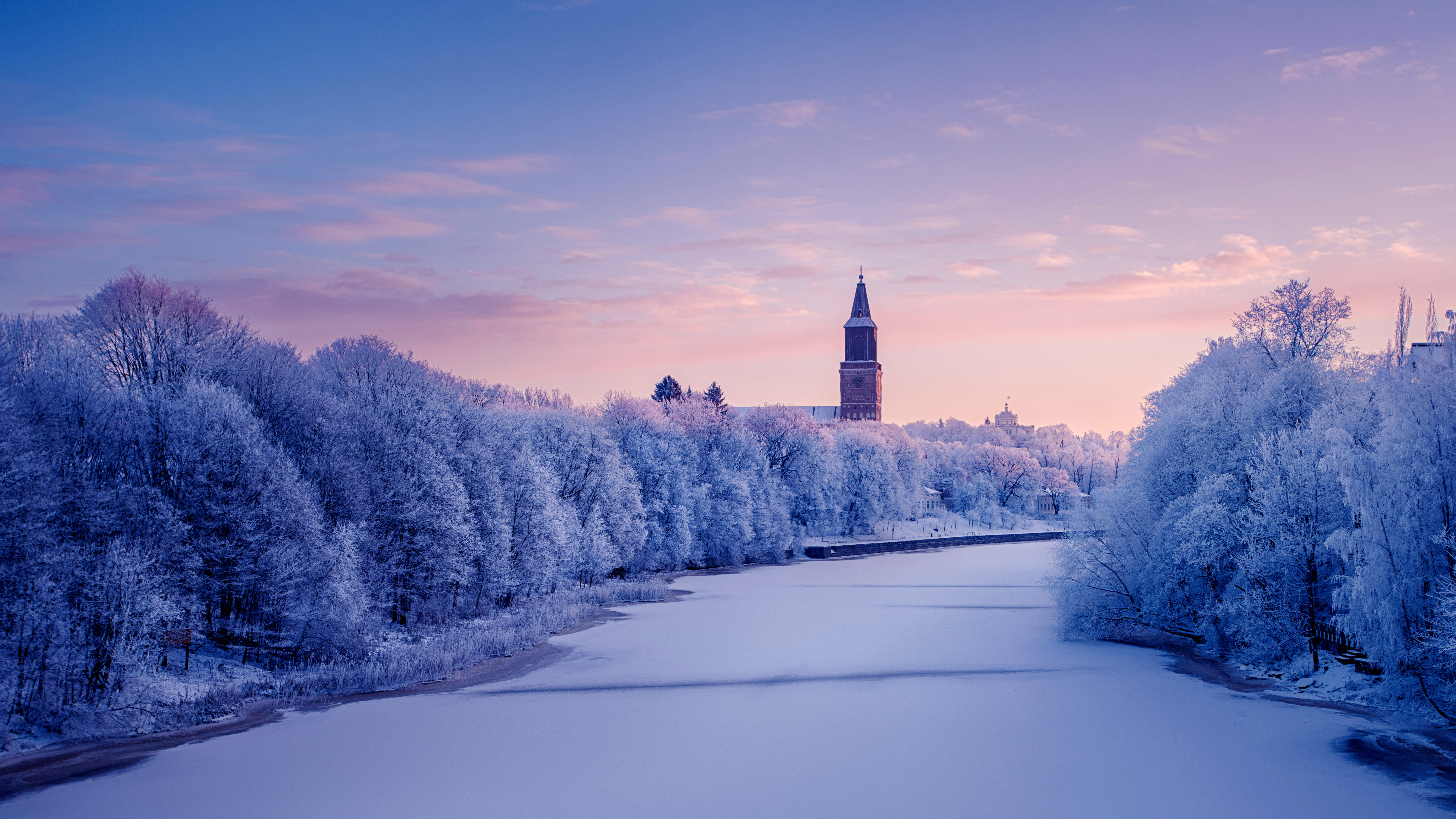 风景 冬天 雪 河流 霜冻 树木 夕阳 天空 云 自然 壁纸 7007×3941