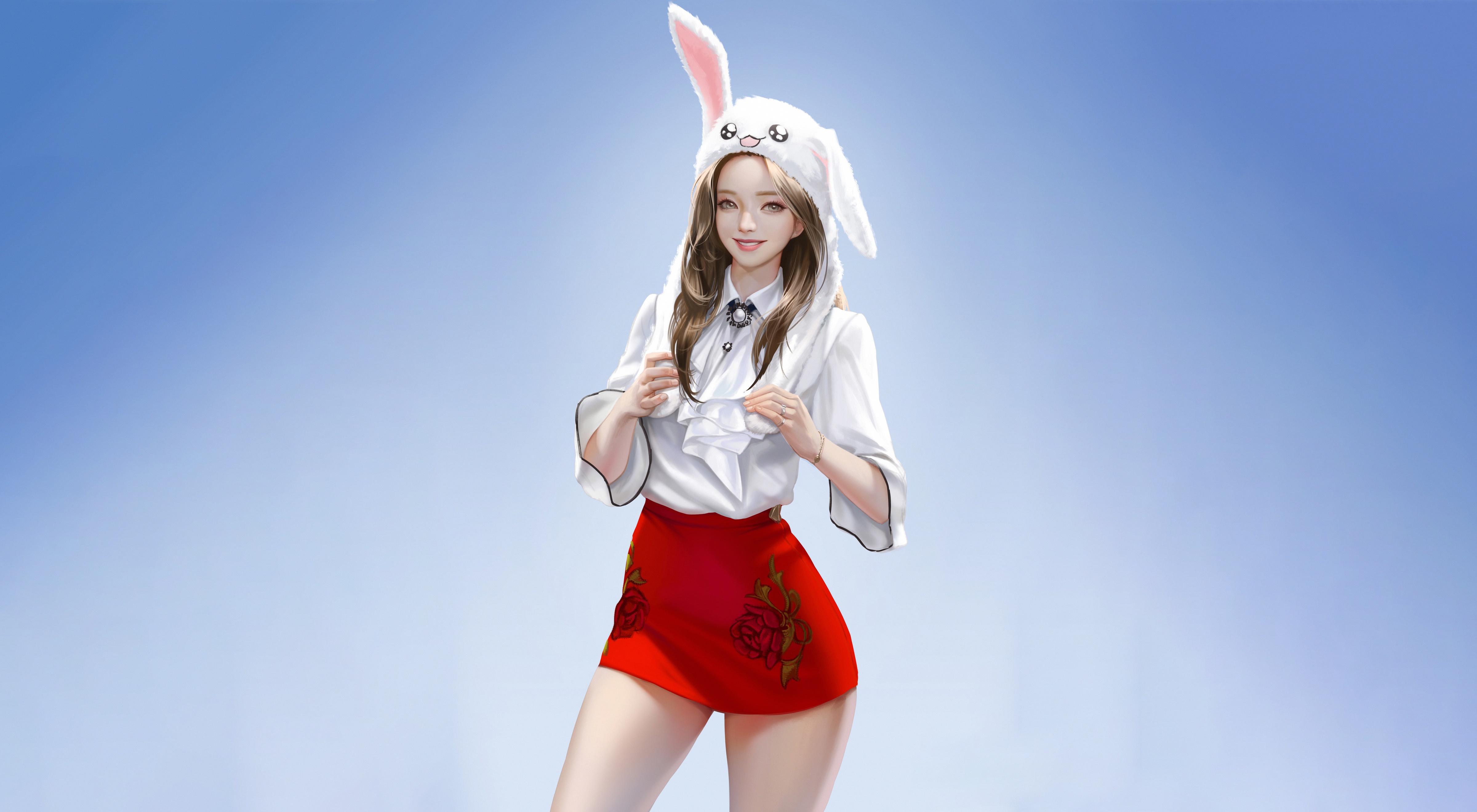 微笑 简单的背景 蓝色背景 动漫 动漫女孩 迷你裙 无水印壁纸 4800×2640