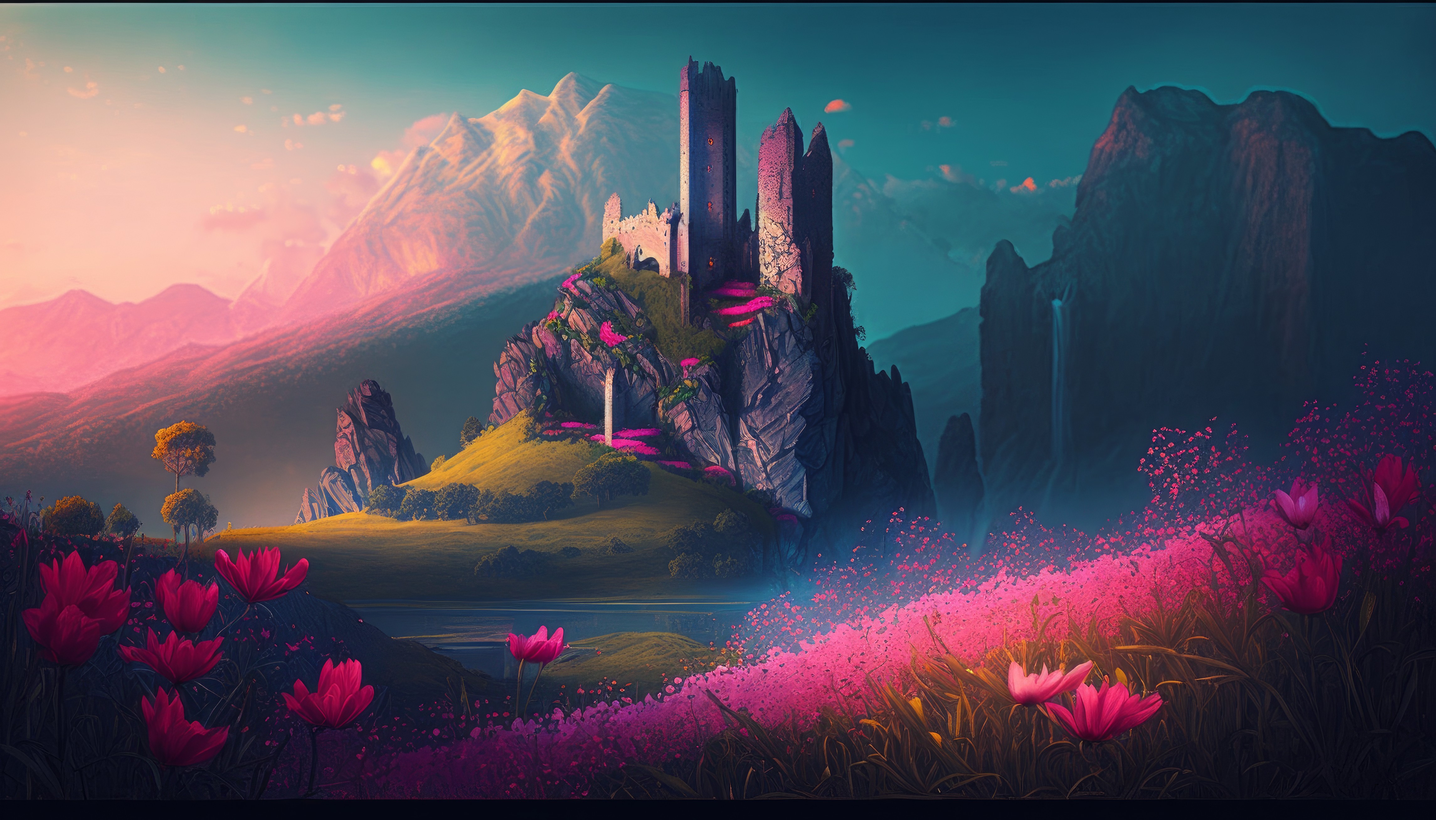 艺术 插图 城堡 花 紫色 草 粉色花 壁纸 4579×2616
