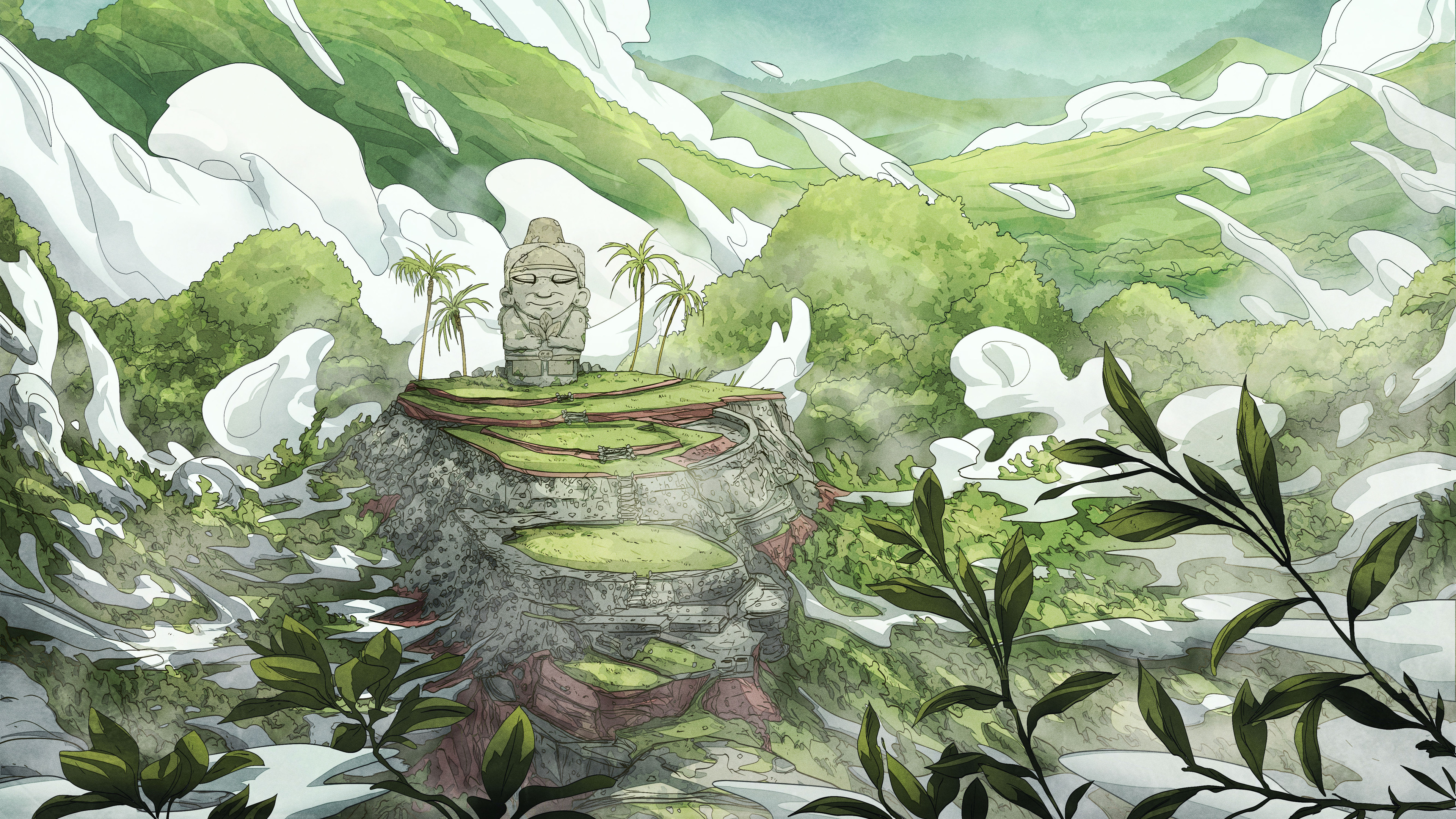 经典AI艺术 奇幻艺术 雕像 云 山 草 壁纸 3840×2160