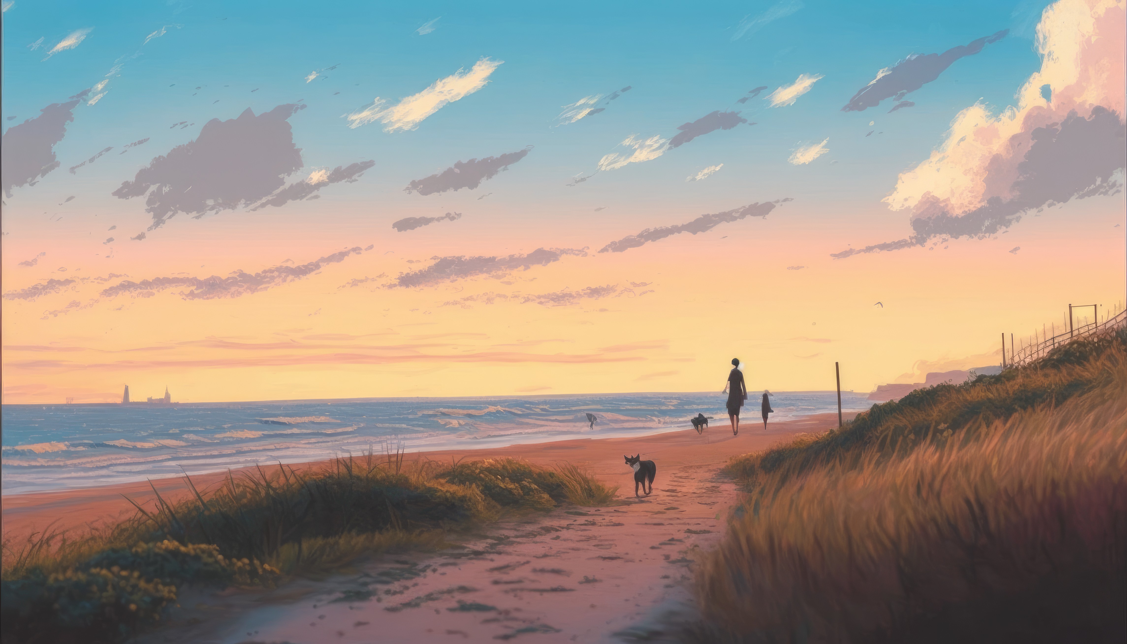 艺术 插图 海滩 云 海 水 沙 天空 夕阳辉光 4K高清壁纸 4579×2616